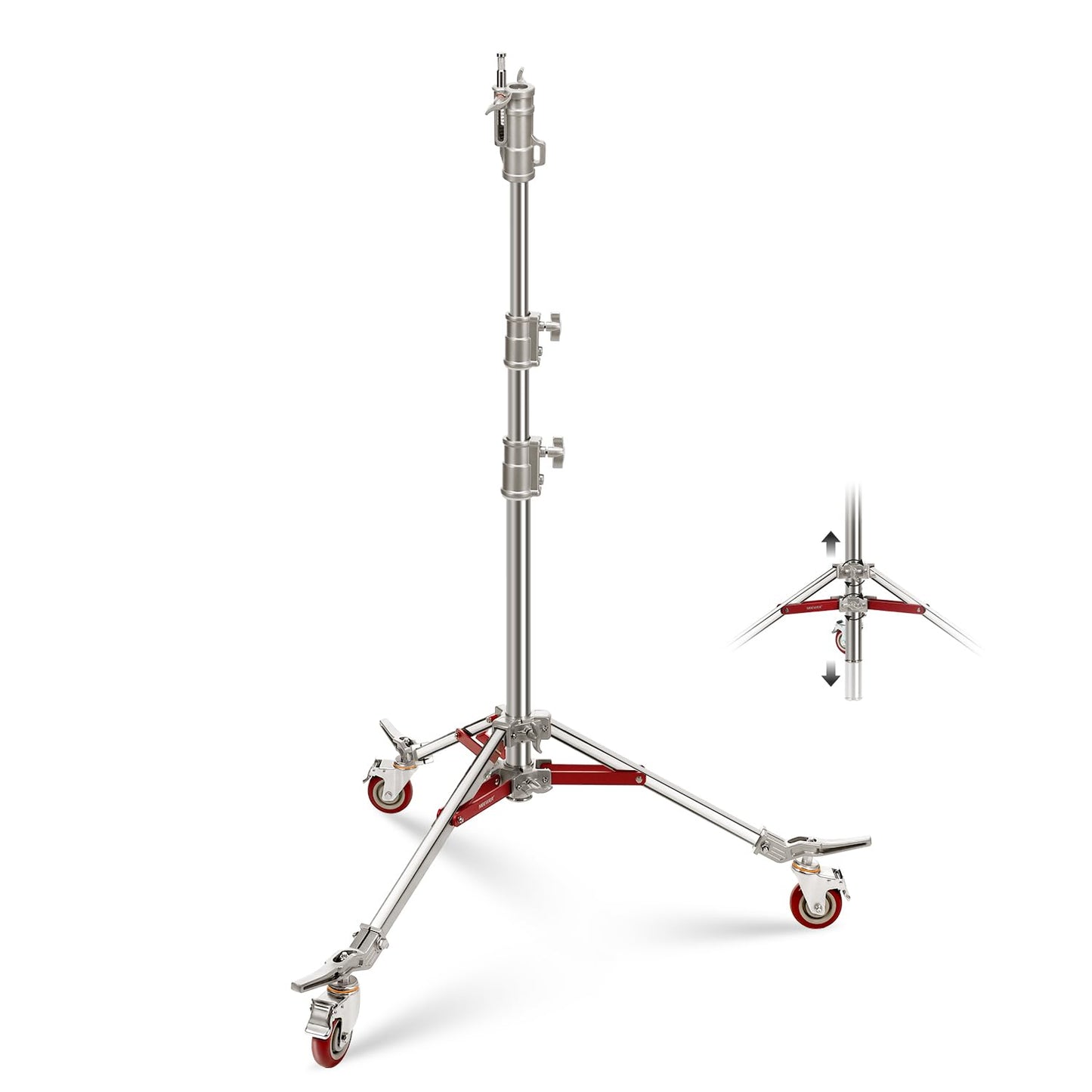 NEEWER Heavy Duty Stainless Steel Light Stand with Casters, 1-1/8 Junior Receiver, Spring Loaded 5/8 Baby Stud, Max Load 77lb, 7