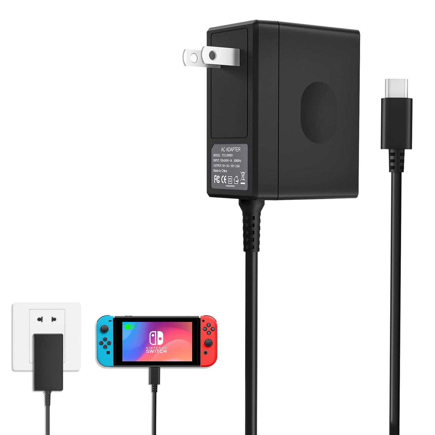 YCCSKY Charger for Nintendo Switch,AC Adapter for Nintendo Swith - Fast Travel Wall Charger with 5FT USB C Cable 15V/2.6A Power