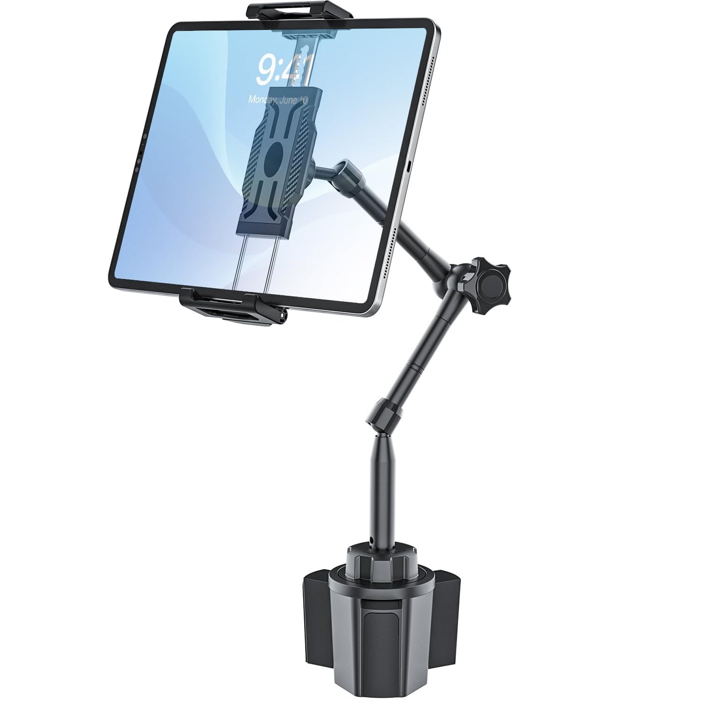INSSKY Car Tablet Holder for Cup Holder, Metal Long Arm 360 Rotation Tablet Mount for Truck Golf Treadmill, Fit Thickness Case (