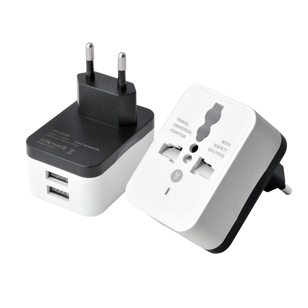 icevein European Power Travel Plug Adapter - 2 USB Ports, White, Model C2006-1 for Spain, Iceland, Germany, France, Italy