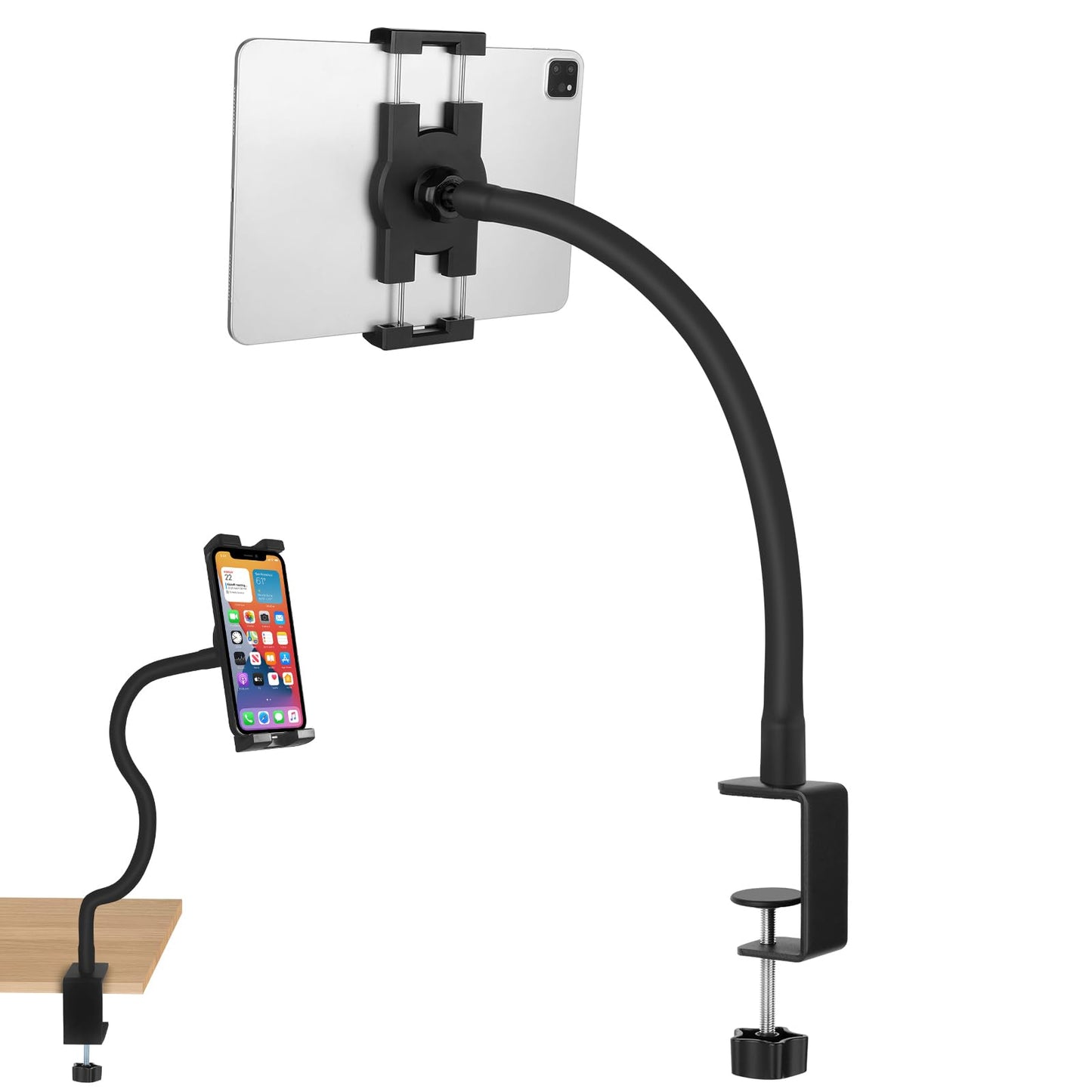 Mippko iPad Clamp Mount,Gooseneck Tablet Stand for Desk/Table/Bed/Chair/Lectern,50 cm Long 360 Adjustable Arm Mount for 4.7~12.9
