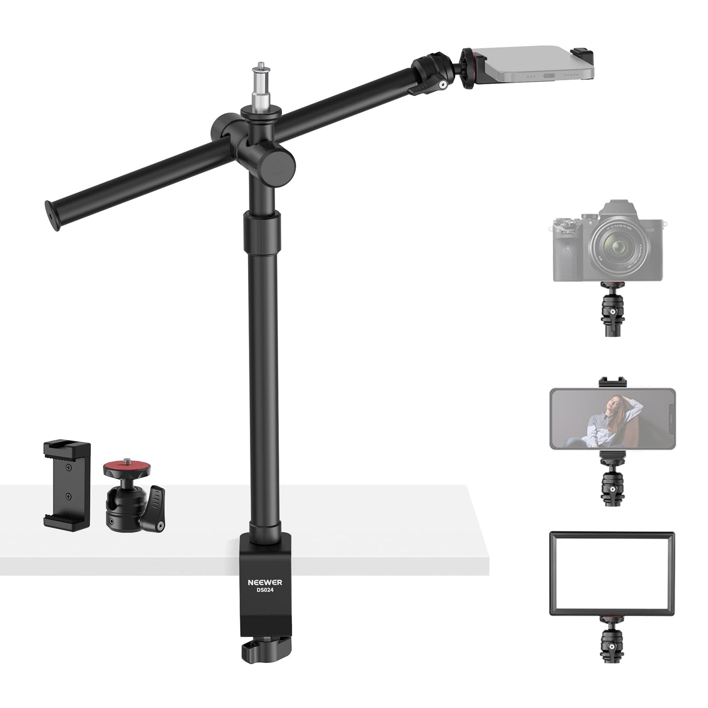 NEEWER Overhead Camera Desk Mount with Swivel Boom Arm, 1/4 Ball Head, Phone Holder & C Clamp, 22/55.5cm Adjustable Webcam Mic S