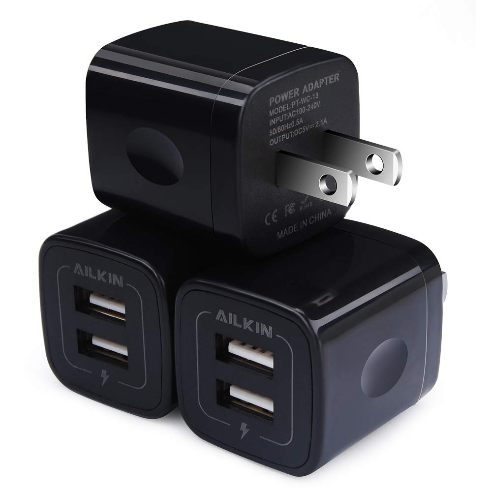 USB Wall Charger, AILKIN 2.1A Dual Port USB Wall Charger Adapter Plug Fast Charging Cube Power Box ac 5v Block for iPhone 17/16/