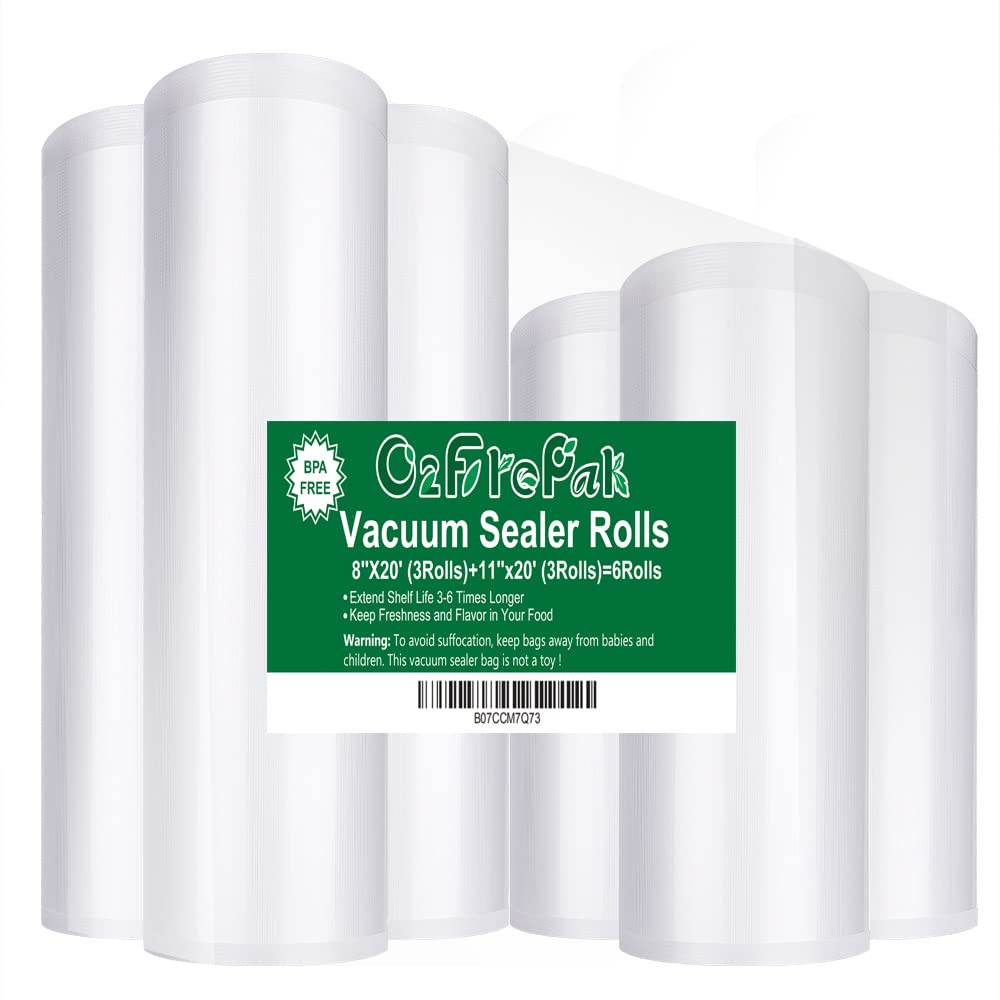O2frepak 6Pack 8x20(3Rolls) and 11x20 (3Rolls) Rolls Vacuum Sealer Bags Rolls with BPA Free,Heavy Duty Vacuum Sealer Storage B