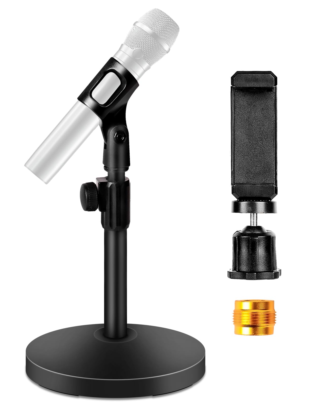 BILIONE Mic Stand Desk with Microphone and Cell Phone Clip, Upgraded Weighted Base, Adjustable Height, Condenser, Podcast, Mike