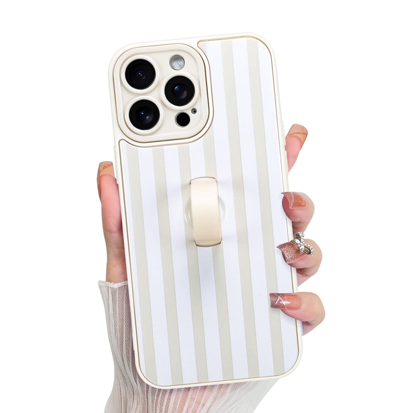 KANGHAR Compatible with iPhone 14 Pro Case, Silicone Stripes Cute Pattern, Wristband Kickstand Camera Protection Soft Slim Cover