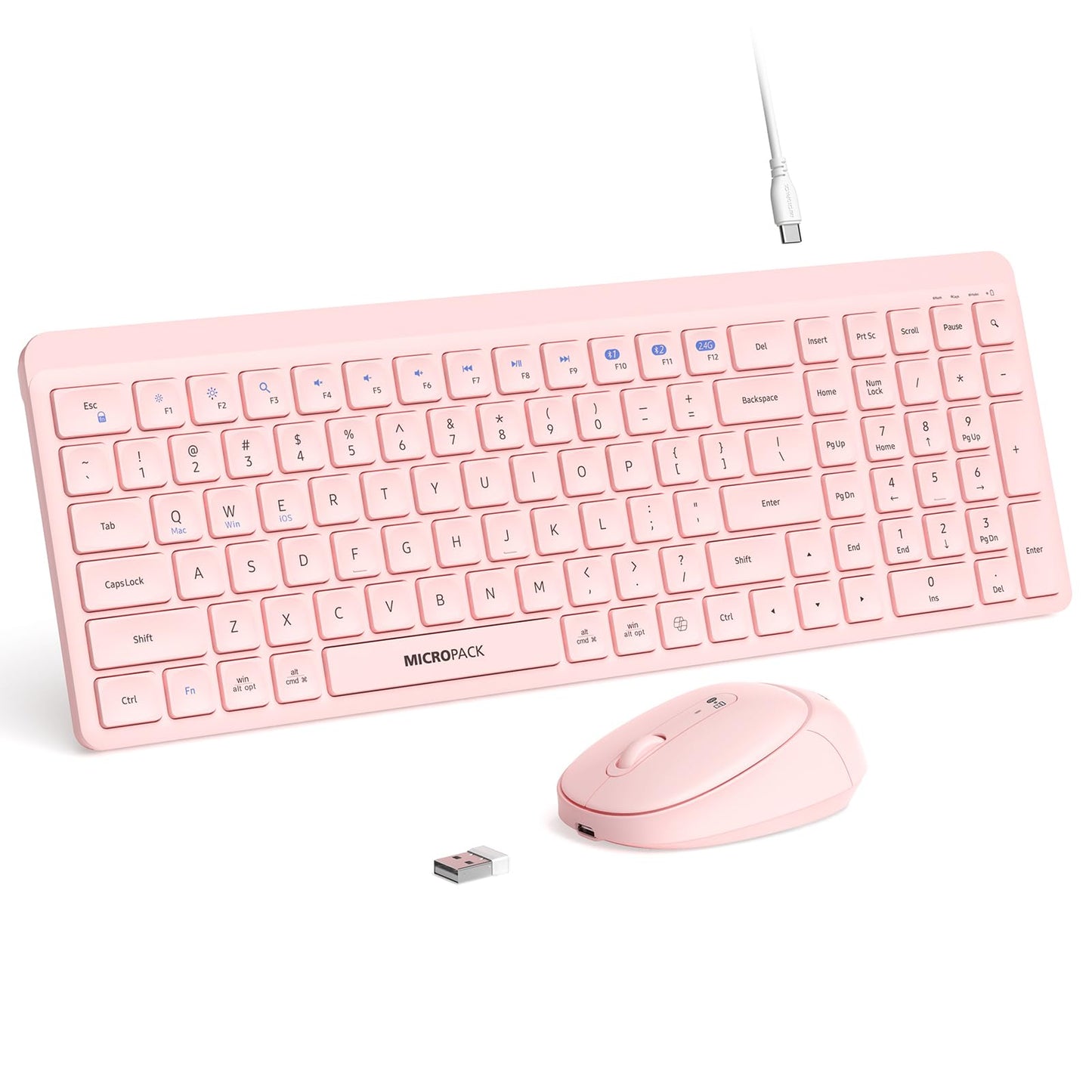 Pink Wireless Keyboard and Mouse Combo for Desktop Mac iPad Bluetooth 2.4 Ghz Rechargeable Slim Silent Click with Number Pad Com