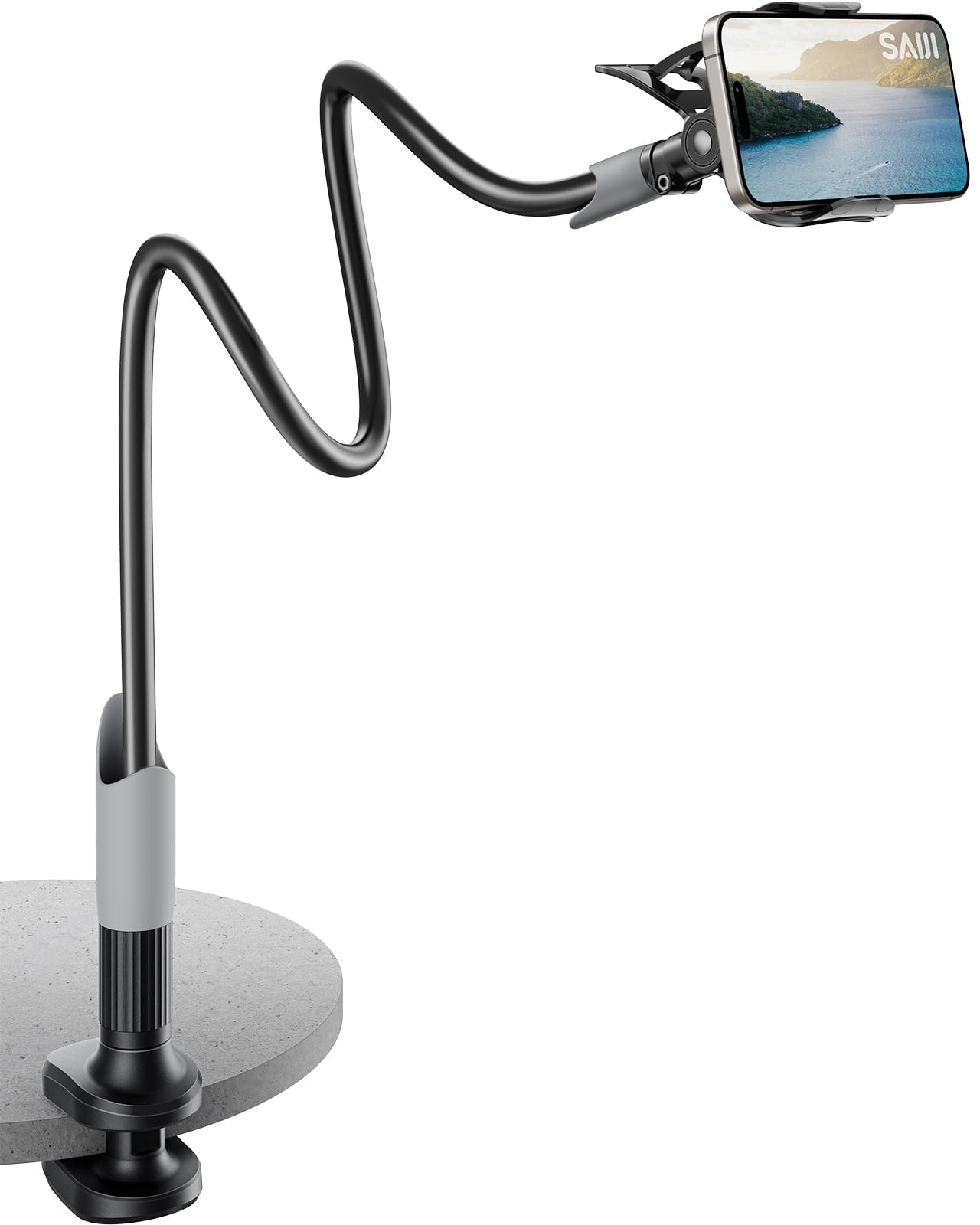 SAIJI Gooseneck Bed Phone Holder, Flexible Aluminum Arm Mount, Classic Size, Black, Model C1-B