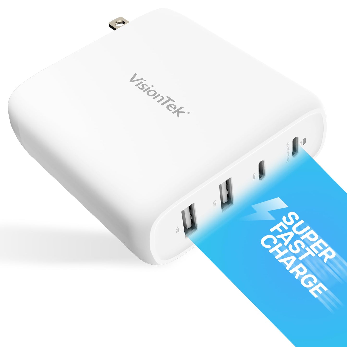 VisionTek GaN II 100W Wall Fast Charger - Quad Ports 2X USB-C 2X USB-A - Compatible with MacBook Pro/Air, Ipad, iPhone, Galaxy,