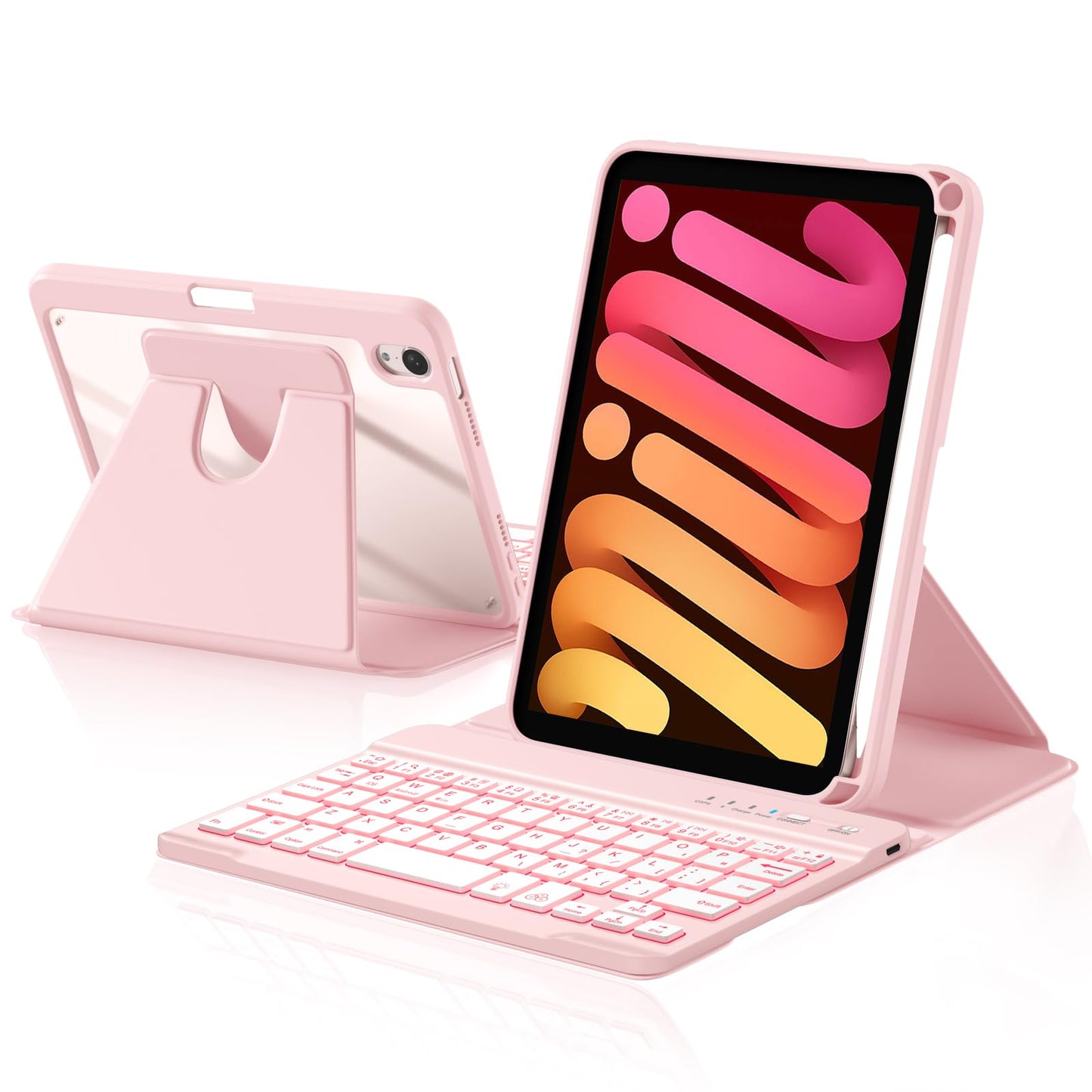 Harvopu for iPad mini 7 A17 Pro/6 Generation Keyboard Case 2024/2021 8.3 Inch,360 Rotating Clear Back Cover with 7 Color Backlit