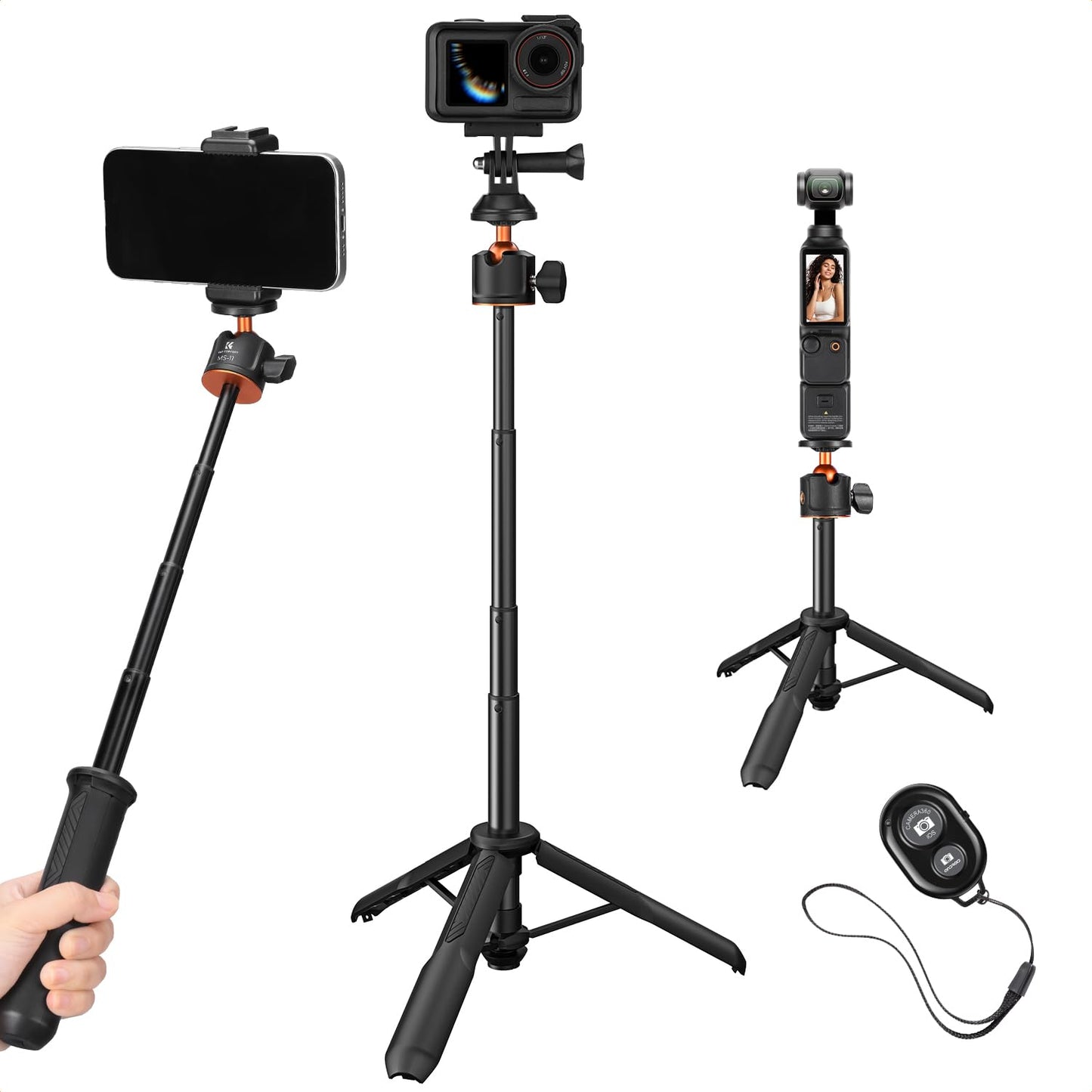 K&F CONCEPT Selfie Stick Tripod, 60cm/23.6 Extendable Ball Head Vlog Selfie Stick Handle for GoPro Hero 13/12/11 Max2 DJI Osmo 3