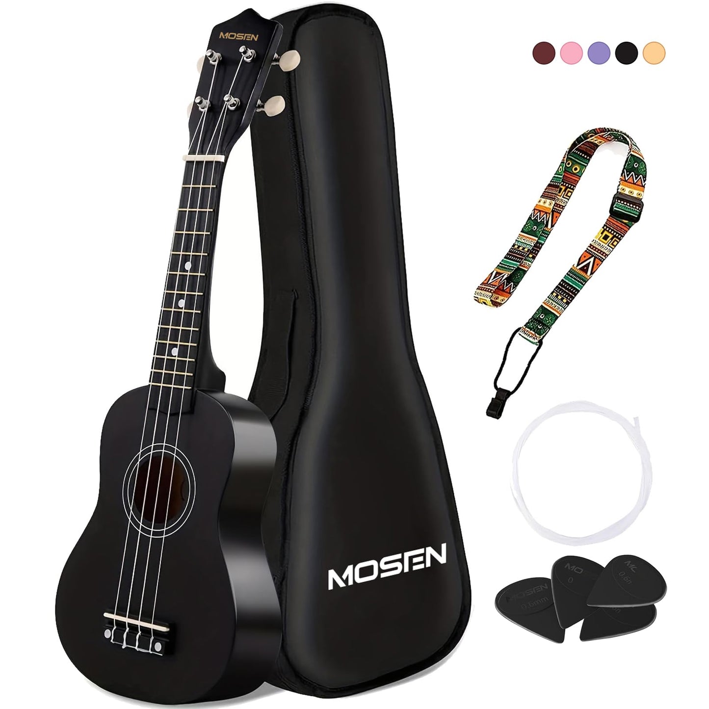 MOSEN Ukulele for Beginners 21 Inch All in One Kit Beginner Professional Ukulele Including Straps, Strings, and Paddles (Black)