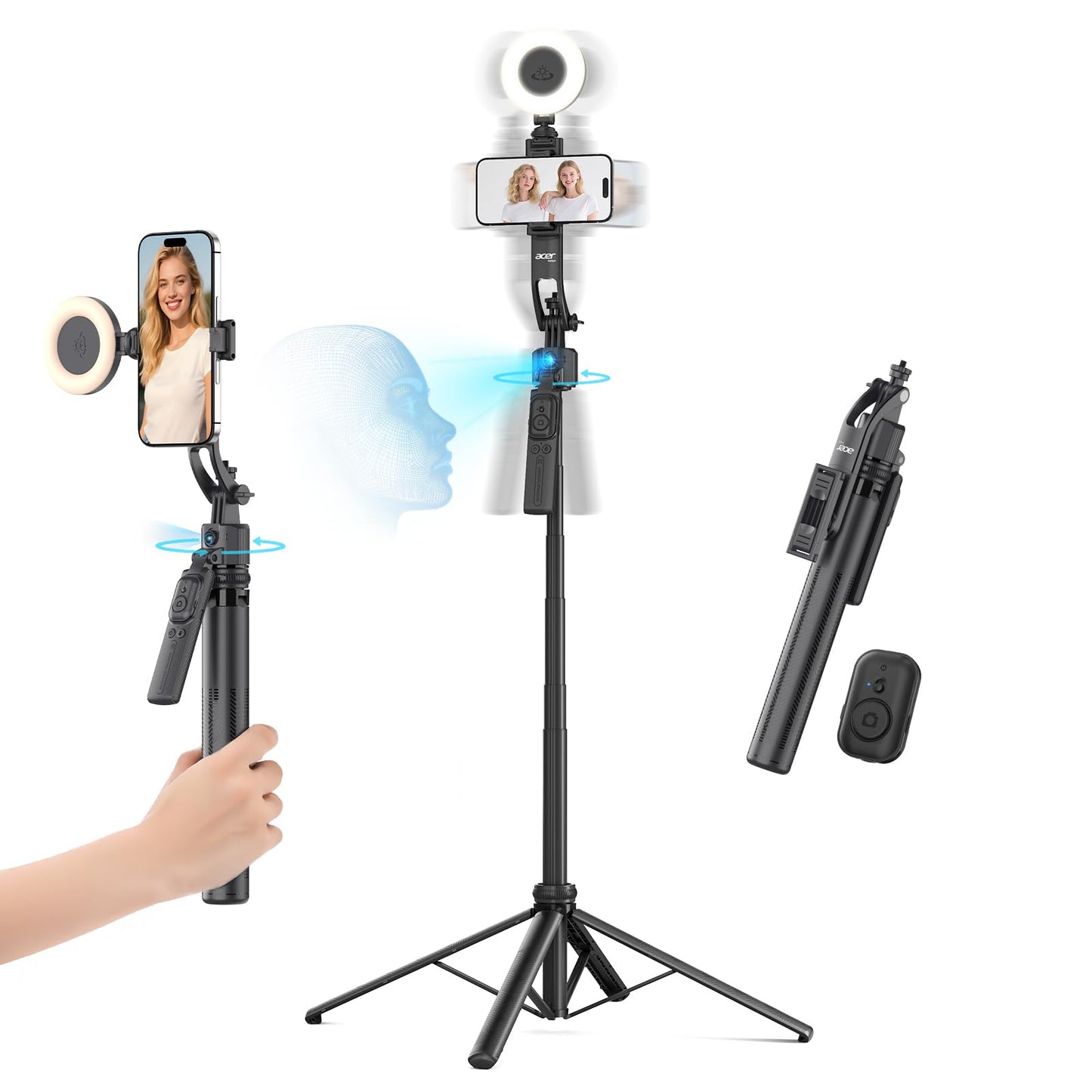 acer Auto Face Tracking Tripod for iPhone/Cell Phone/Android/Camera with Light and Remote, 64, No App, 360Rotating Tripod Selfie