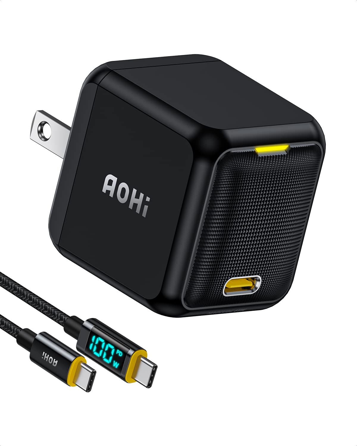 AOHI 65W PD USB C Charger, GaN+ Magcube Fast Wall Charger Power Adapter with 4ft USB C LED Display Cable for Notebook MacBook Pr
