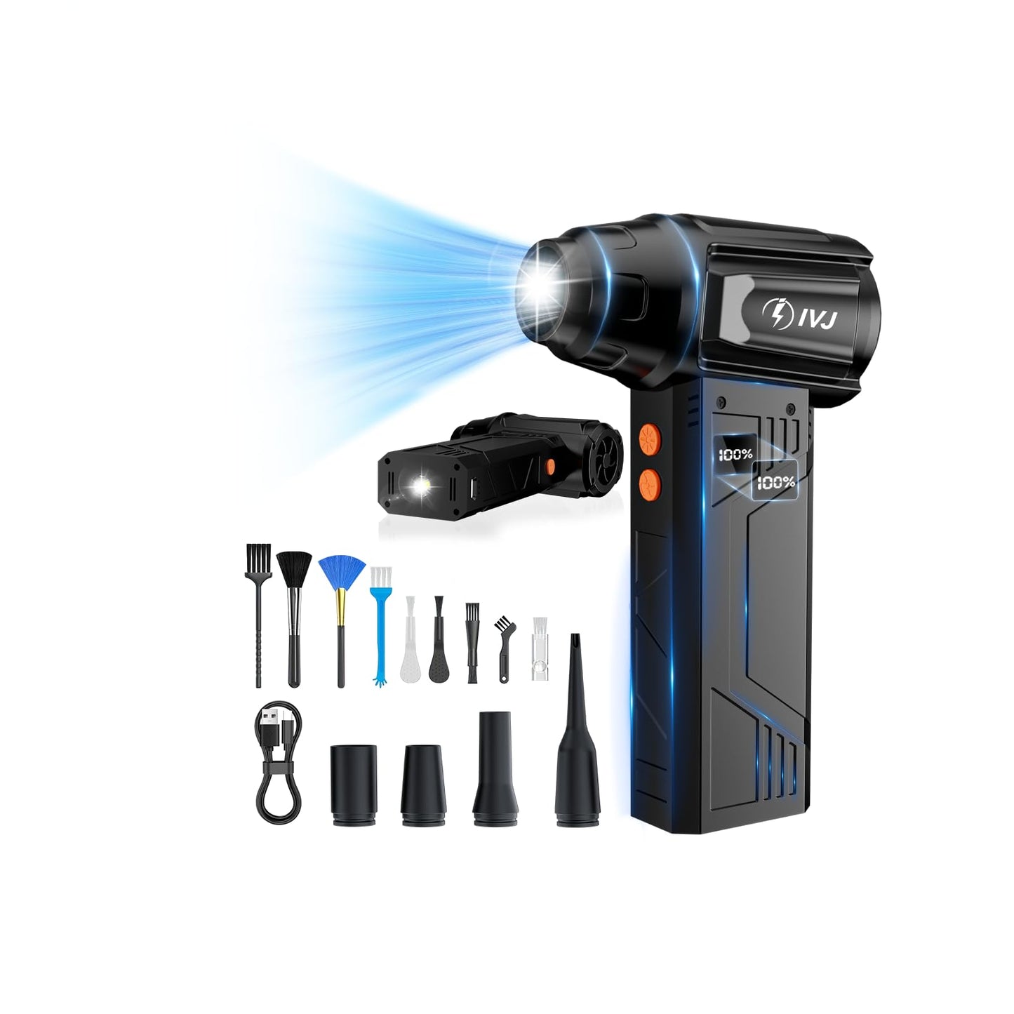 IVJ Compressed Air Duster, 180000RPM Super Power Cordless Electric Air Duster with LED Light Rechargeable 4 Gear Adjustable Mini