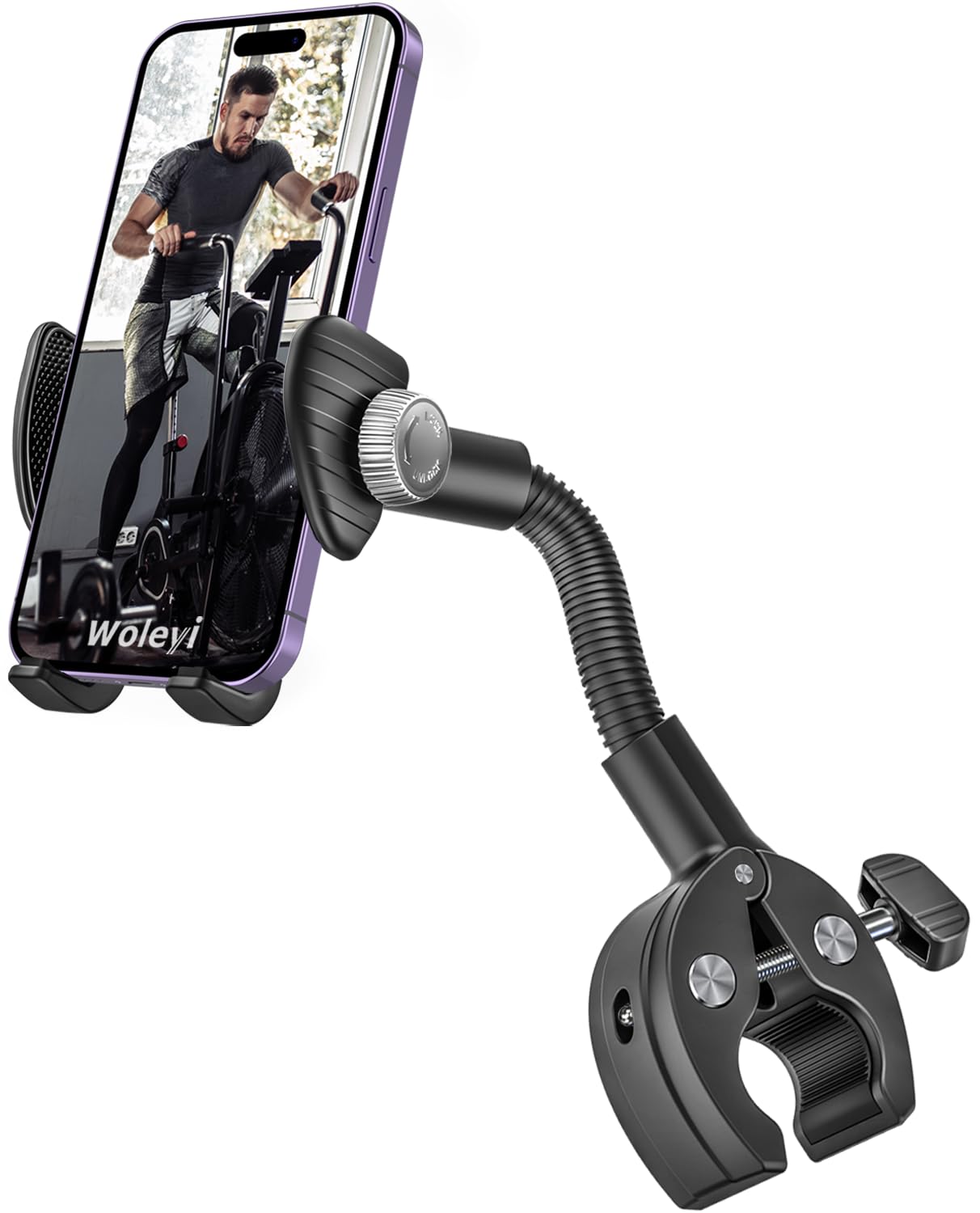 Gooseneck Spin Bike Phone Holder, Cell Phone Mount Exercise Bike Handlebar Clamp for Stationary Bicycle, Treadmill, Microphone S