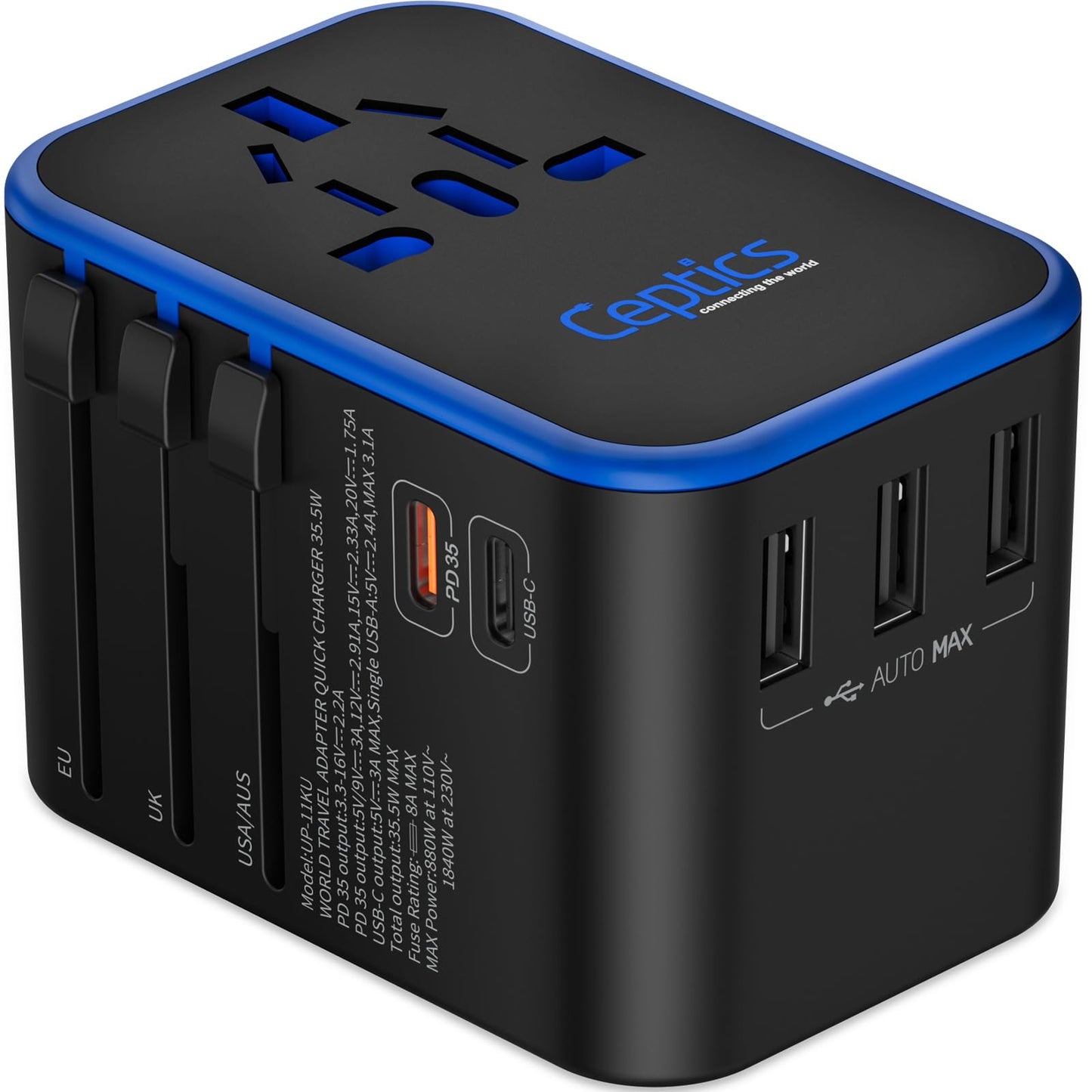 Ceptics Universal Travel Adapter, 35W International Power Adapter with PD & QC 3.0 Dual USB-C, 3 USB Travel Adapter Worldwide, T