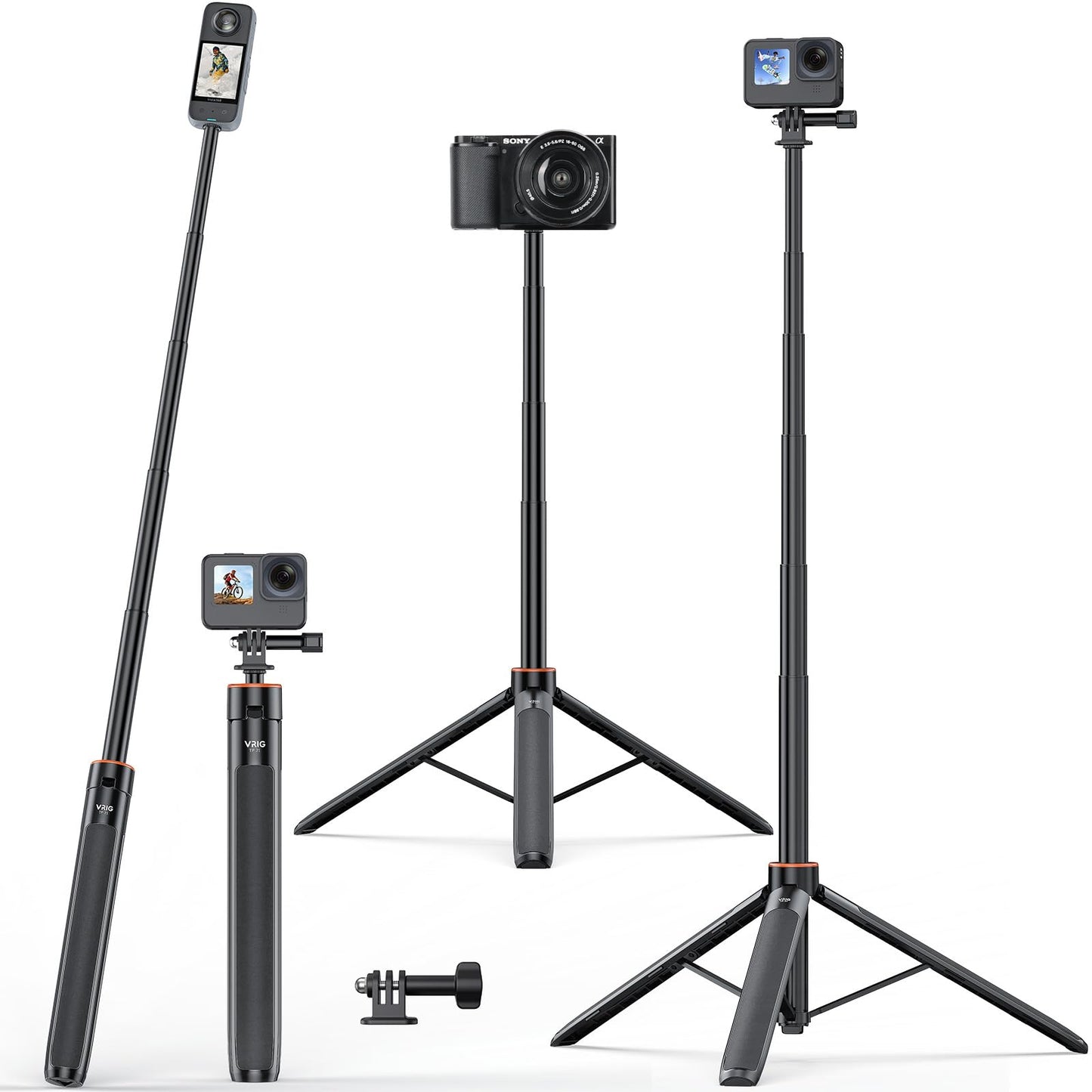 VRIG 54 Extendable Camera Tripod for Insta360 X5 X4 X3 X2, Action Camera Selfie Stick Tripods with 1/4 Screw, GoPro Tripod Stand