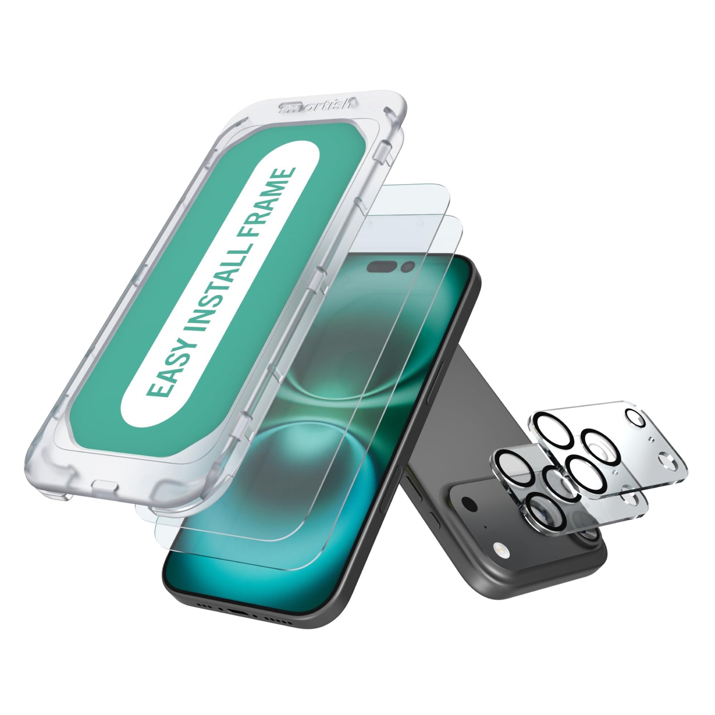 Smartish iPhone 17 Pro Screen Protector + Camera Lens Covers - Tuff Sheet - 2-Pack Tempered Glass 9H Easy Install Frame Case-Fri