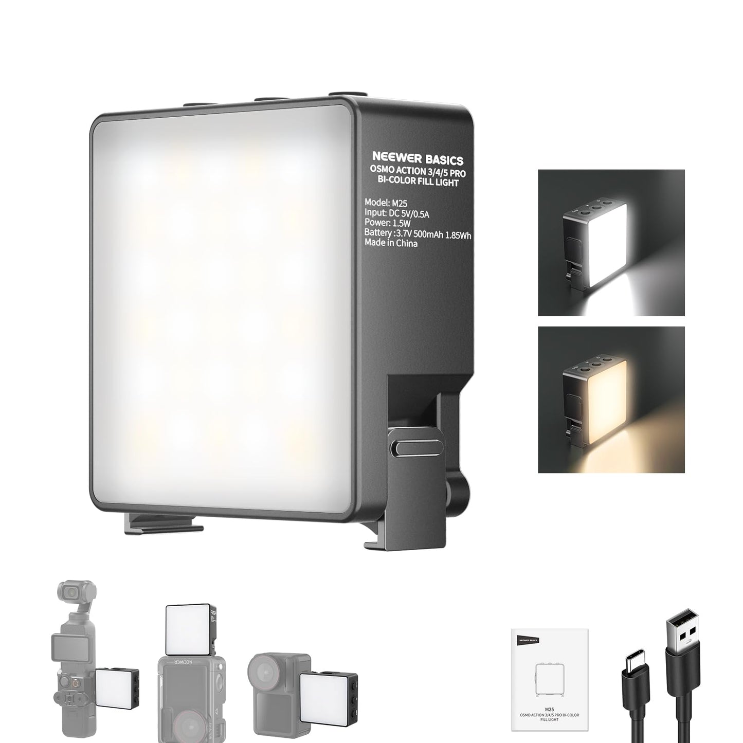 NEEWER Basics Bi Color Magnetic LED Camera Light Compatible with DJI OSMO Nano Action 3 4 5 Pro Cage AC009 PRO Pocket 3 Accessor