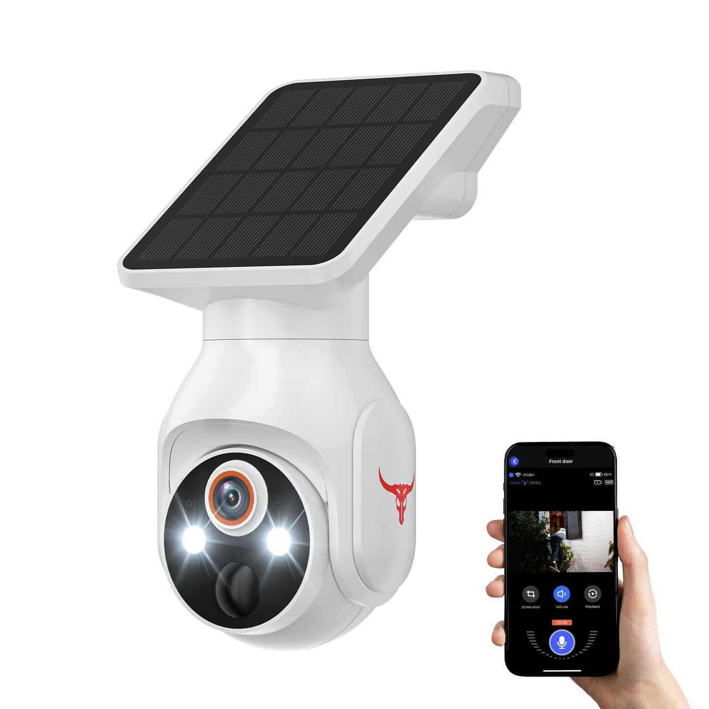 PyreQuad 1080p WiFi Outdoor Security Camera with Solar Panel, Battery Powered, AI Motion Detection, Night Vision, Two Way Talk,