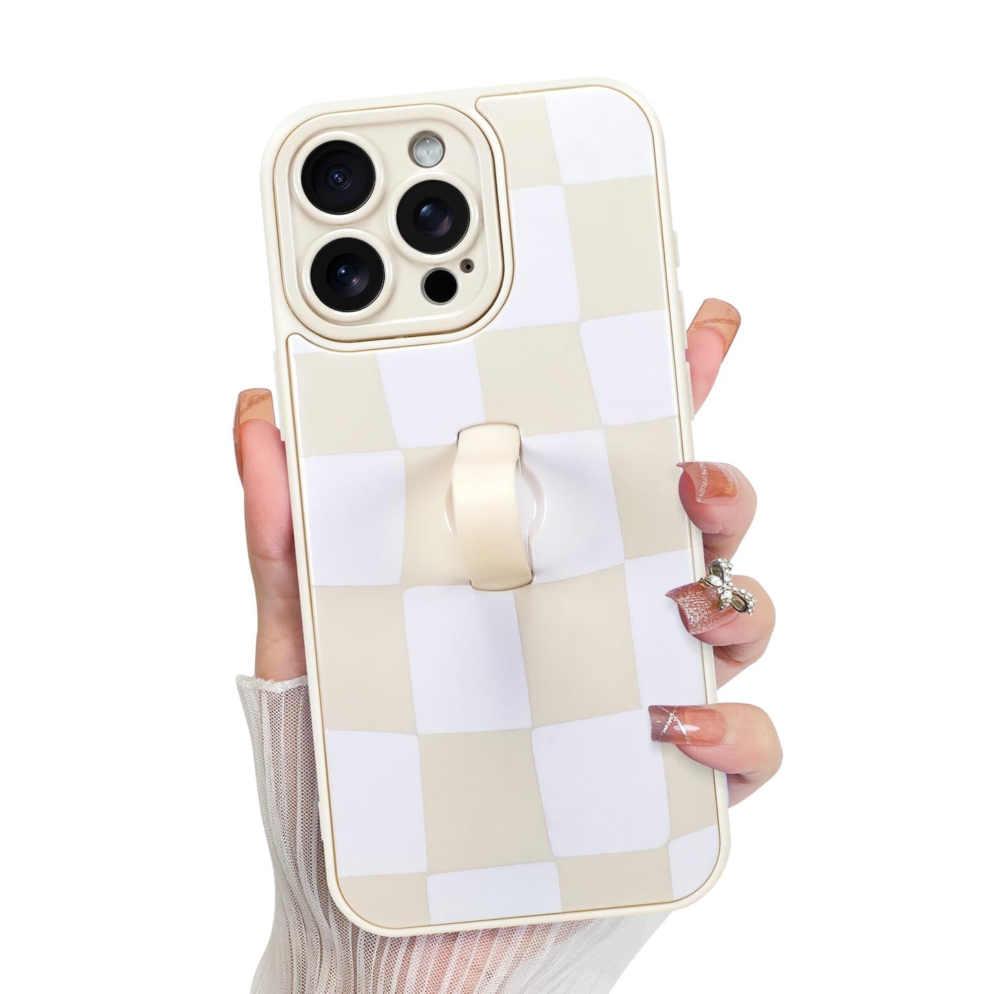KANGHAR Compatible with iPhone 15 Pro Case, Silicone Checkered Cute Pattern, Wristband Kickstand Camera Protection Soft Slim Cov