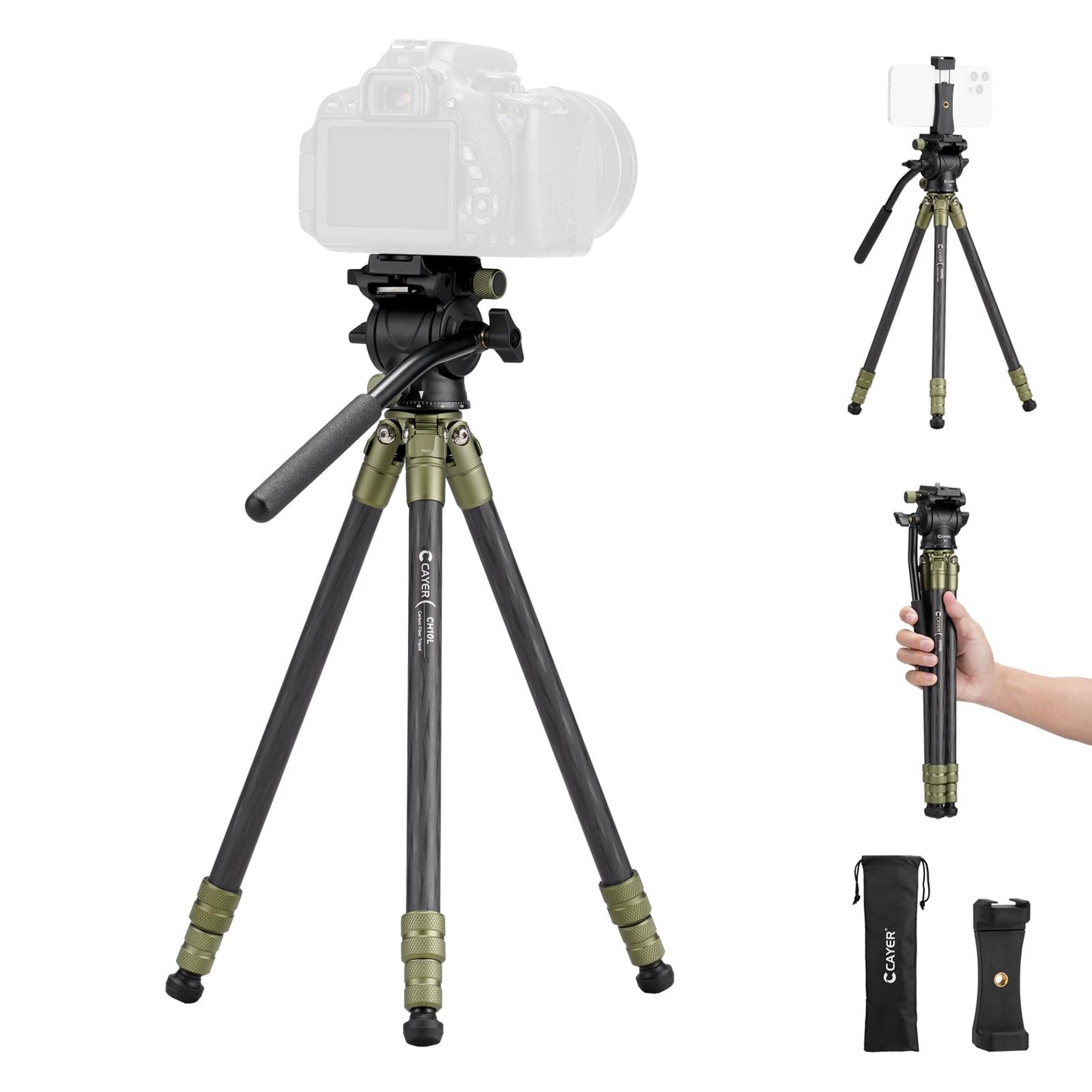 Cayer CH10L Carbon Fiber Tripod with S1 Mini Fluid Head, 28 Compact Desktop Stand, Tabletop Camera Support with Center Column fo