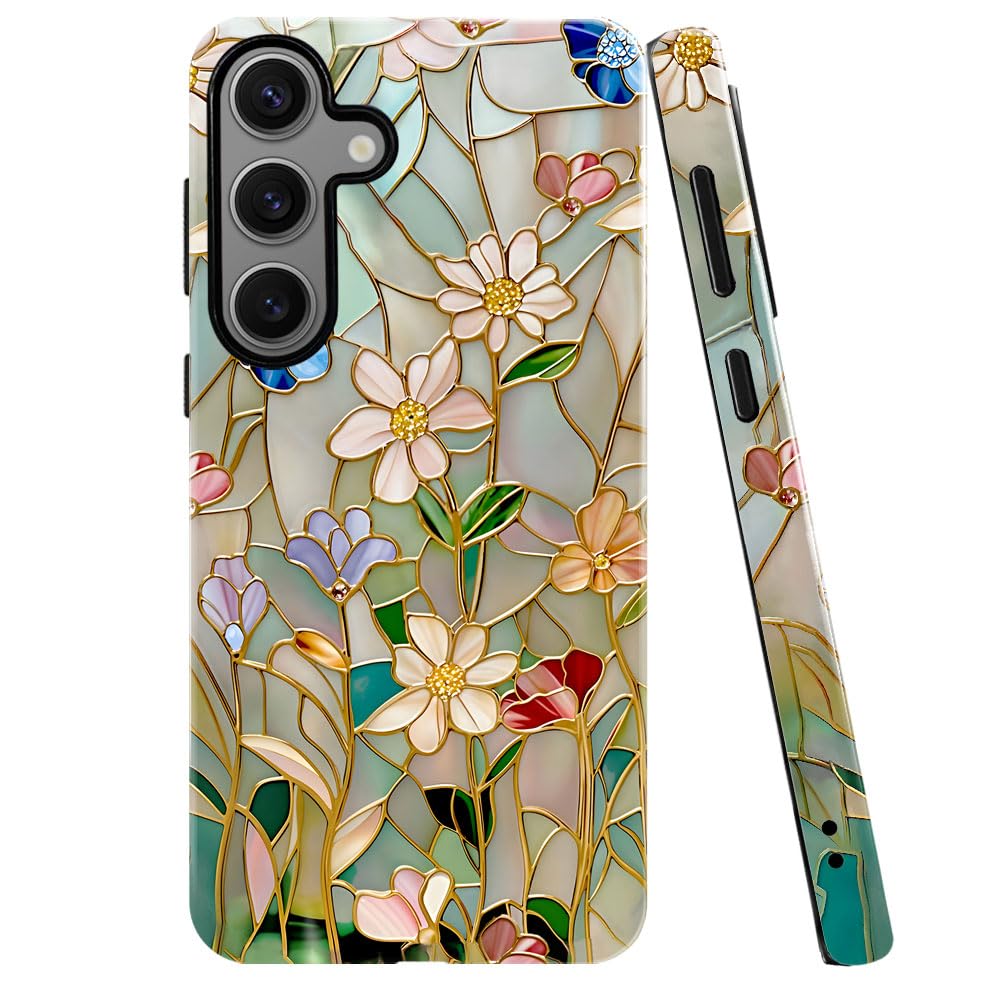 TnXee Case for Samsung Galaxy S24 FE,Stained Glass Bloom Flower Phone Case Drop Resistant Glossy 2 in 1 Solid Dual-Layer Cover f