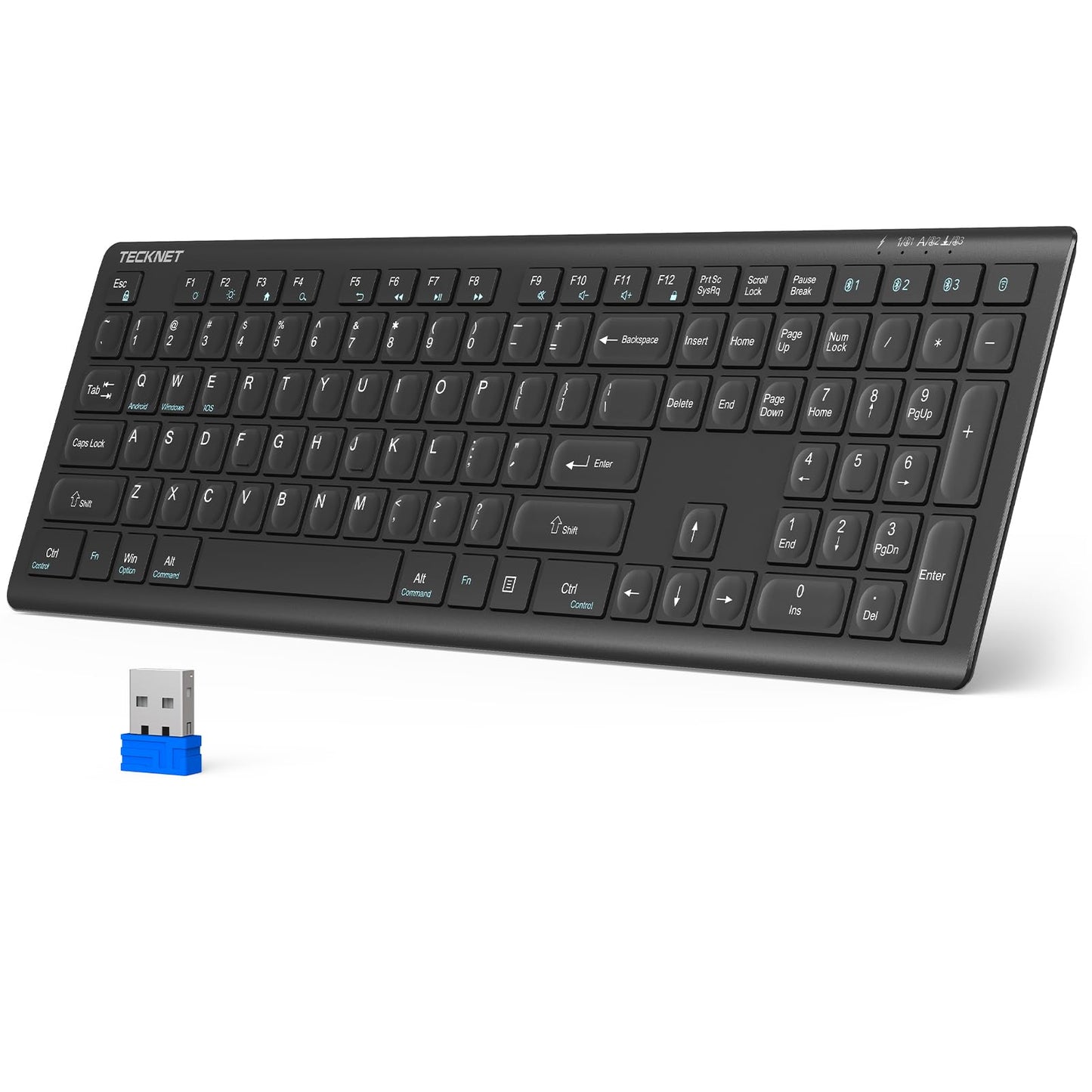 TECKNET Bluetooth Keyboard Rechargeable, 4-Device (2.4G+BT) Wireless Keyboard, Full Size Computer Keyboard with Stand, Ultra-Sli