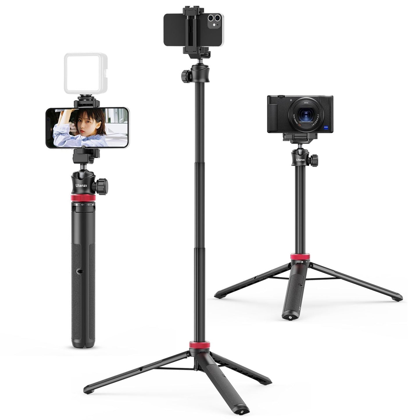 ULANZI MT-44 Extendable Phone Tripod, 59 Selfie Stick Vlog Stand with 2 in 1 Phone Clip, 360 Ball Head Camera Tripod for iPhone