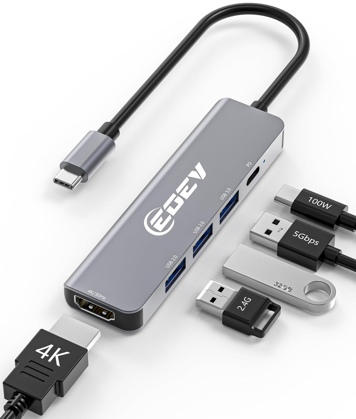5 in 1 USB C Hub Multi-Port Adapter USB A 3.0 5Gbps Data Ports, 2X USB A 2.0 with PD 100W Charging, Type-C to HDMI Adapter 4K@30