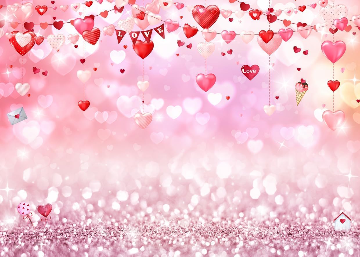 LYWYGG 7x5ft Happy Valentines Photography Backdrops Love Heart Party Banner Pink Glitter Backdground cp-466