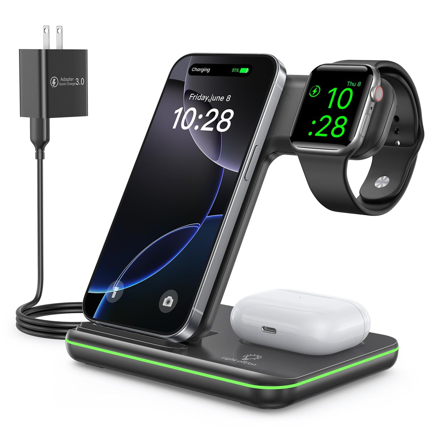 WAITIEE Wireless Charger for iPhone 16 15 14 13 12 11 X 8, 3 in 1 Charging Station for Apple Watch 10/9/8/7/6/5/4/3/2/SE/Ultra/U