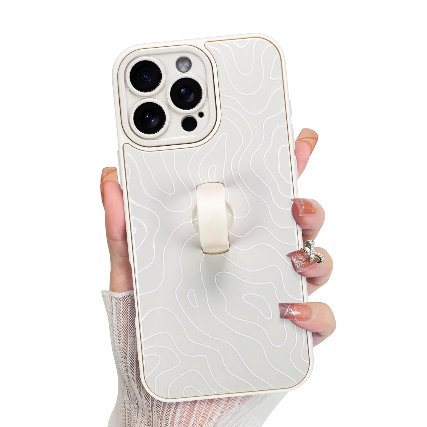 KANGHAR Compatible with iPhone 16 Pro Case, Silicone Wave Ripple Cute Pattern, Wristband Kickstand Camera Protection Soft Slim C