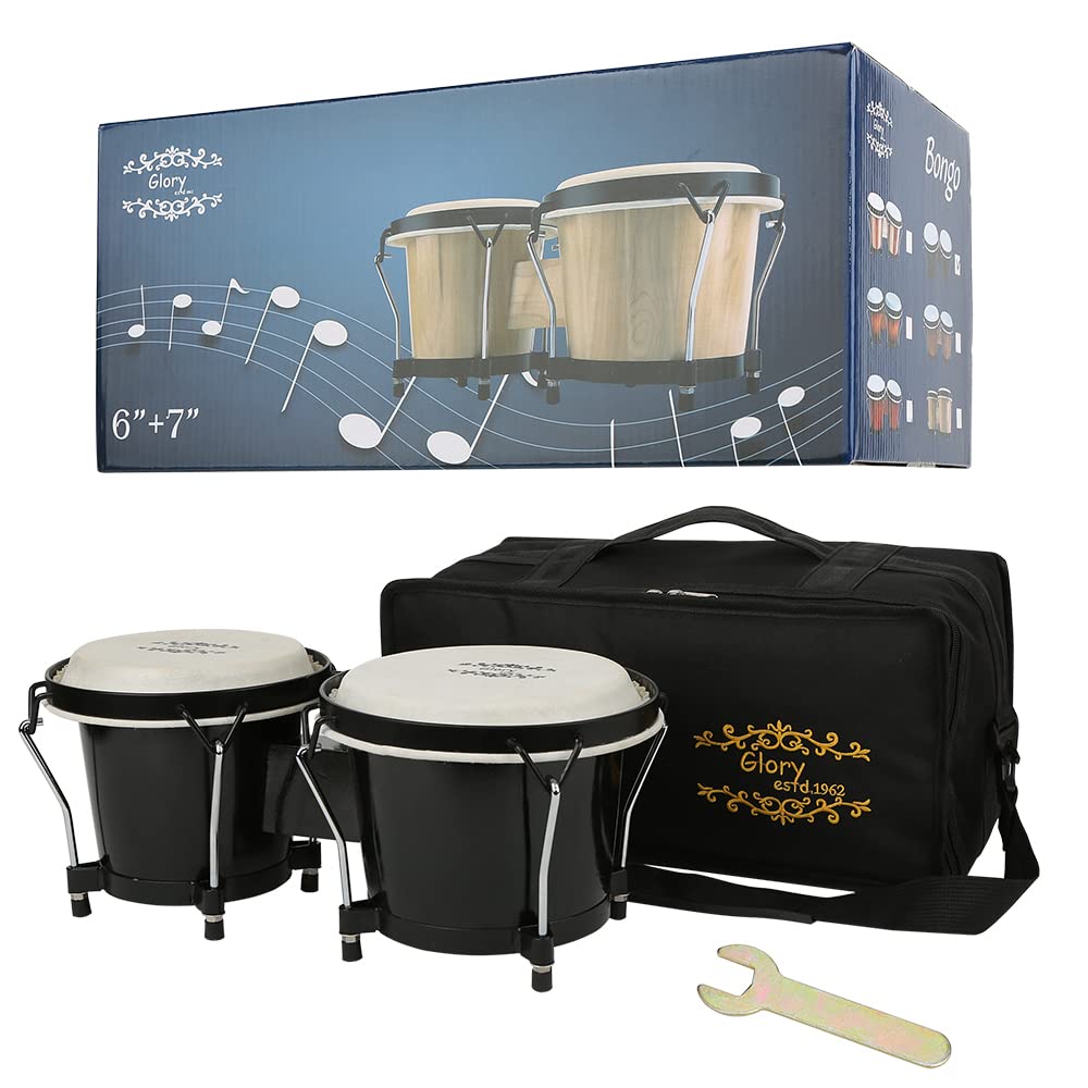 Glory Bongo Drums 6 and 7 Wood Percussion Instrument Bongos with bag and tuning Key,Red