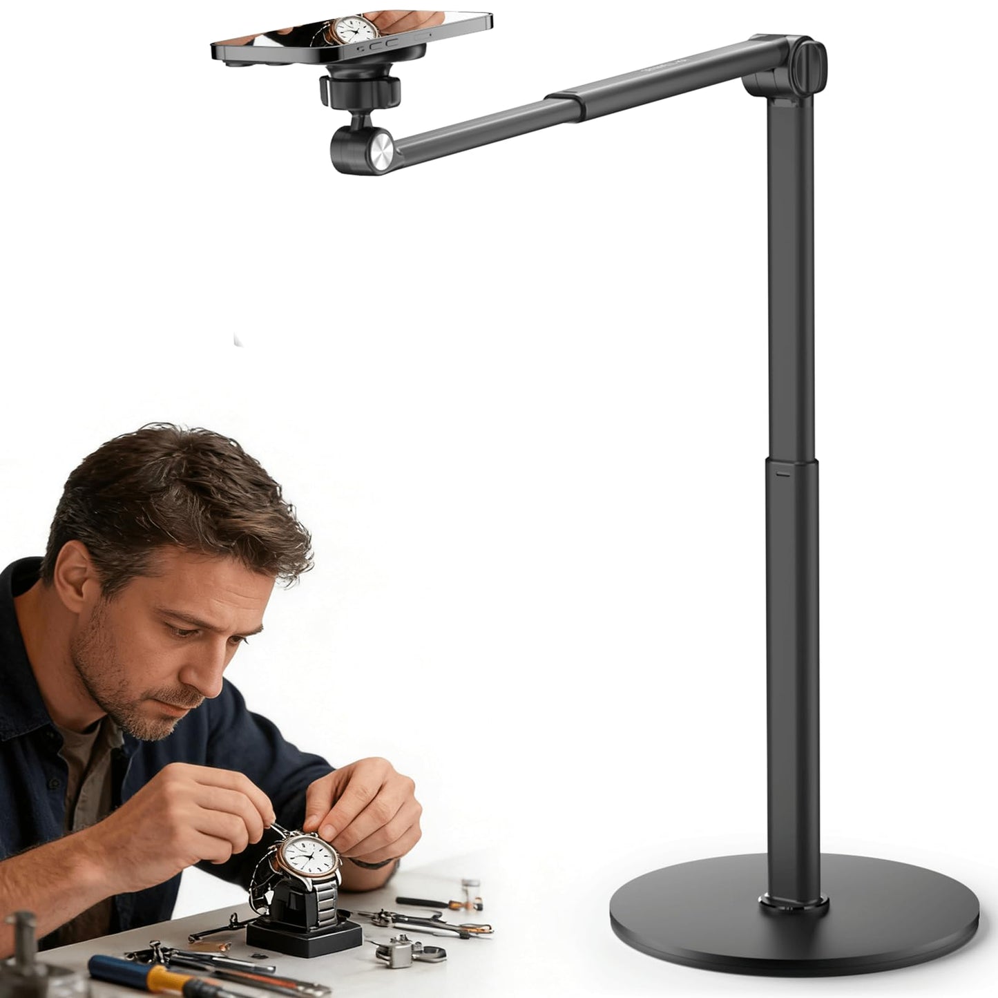 Overhead Phone Stand for Desk, Heavy Duty Aluminum Overhead Phone Tripod with Flexible Long Arm, 360 Rotating Phone Holder for F