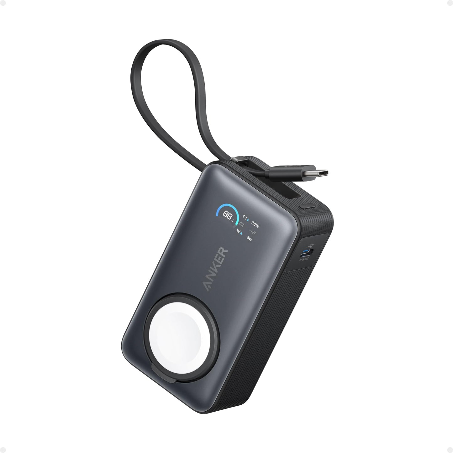Anker MagGo Power Bank for Apple Watch, Officially Certified 10,000mAh Compact Battery Pack with Built-in USB-C Cable, 35W Max,