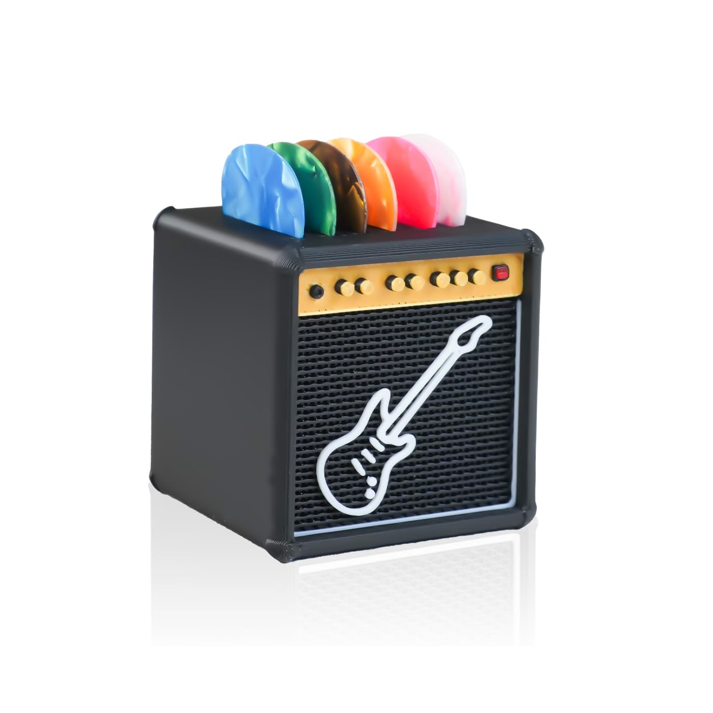 POIET Guitar Picks Holder Box, Guitar Pick Display Holder, Amp Speaker Styled Pick Holder with 6 Celluloid Guitar Picks, Guitar