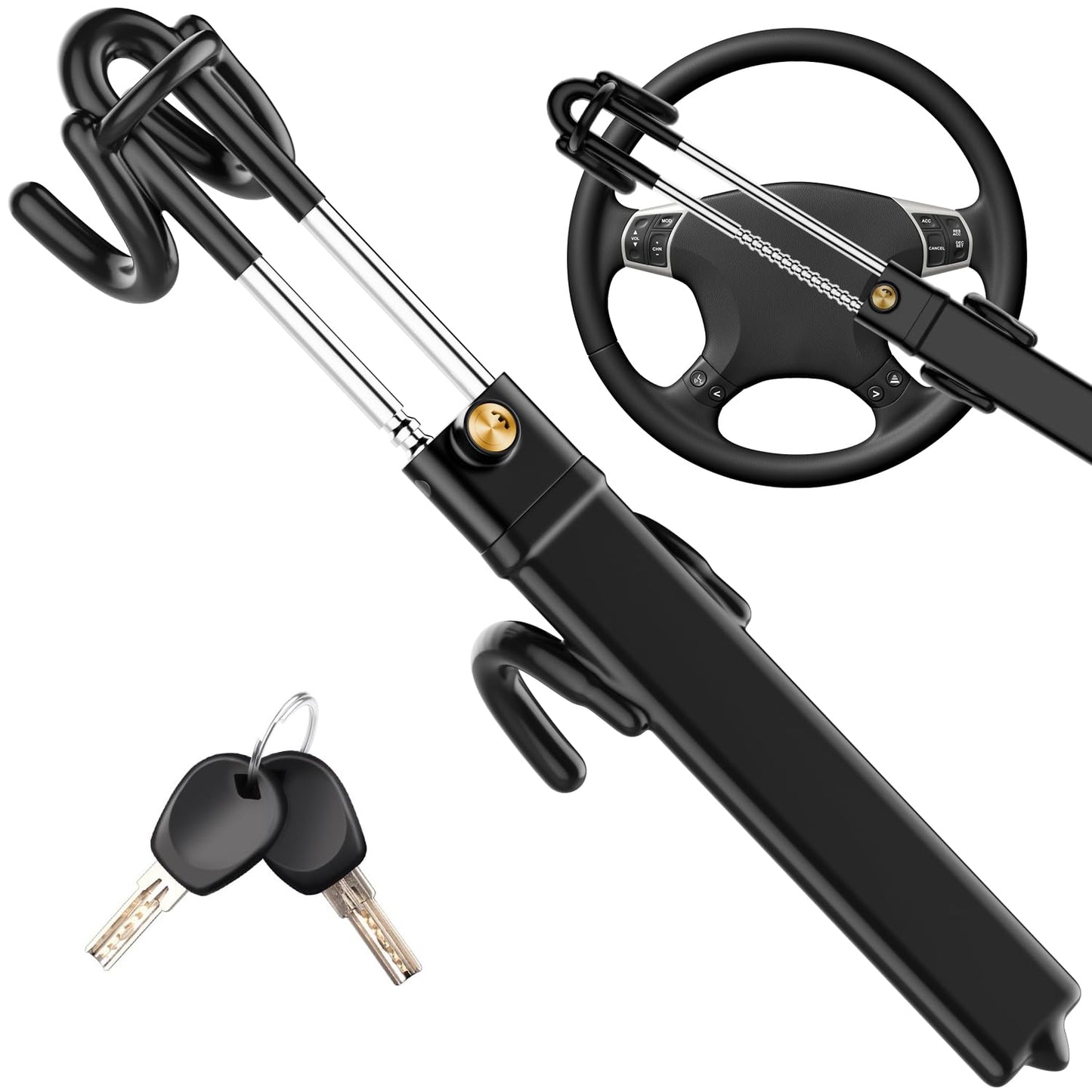 MONOJOY Steering Wheel Lock Anti-Theft Device, Heavy Duty Car Anti Theft Steering Wheel Lock for Car, Adjustable Double Hooks An