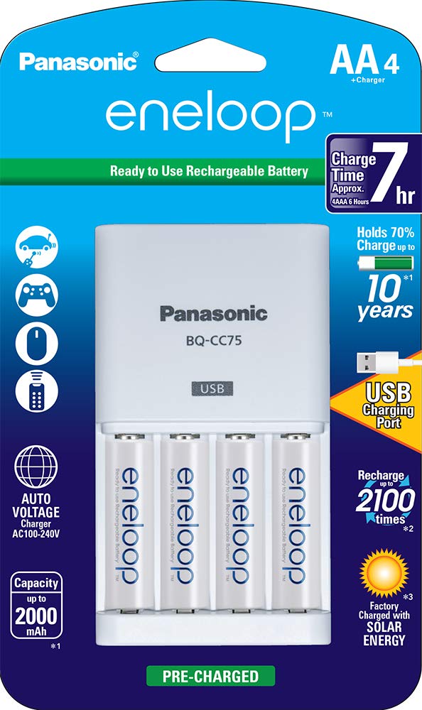 Panasonic K-KJ75MCA4BA Advanced Individual Battery Charger With USB Charging Port 4AA eneloop 2100 Cycle Rechargeable Batteries