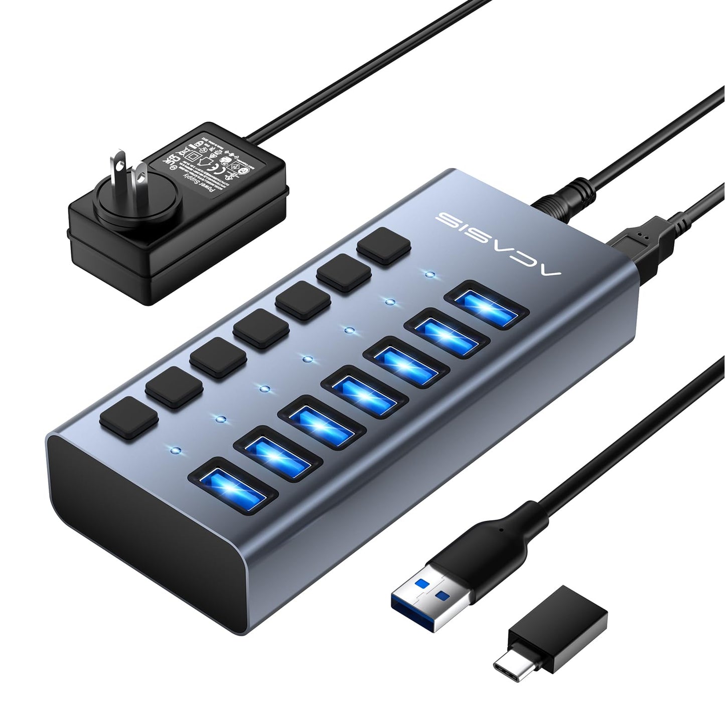Powered USB 3.2 Hub, ACASIS 7 Ports USB 3.2 Hub with 10Gbps Data Speed, Aluminum Housing, USB Hub Powered with 24W Power Adapter