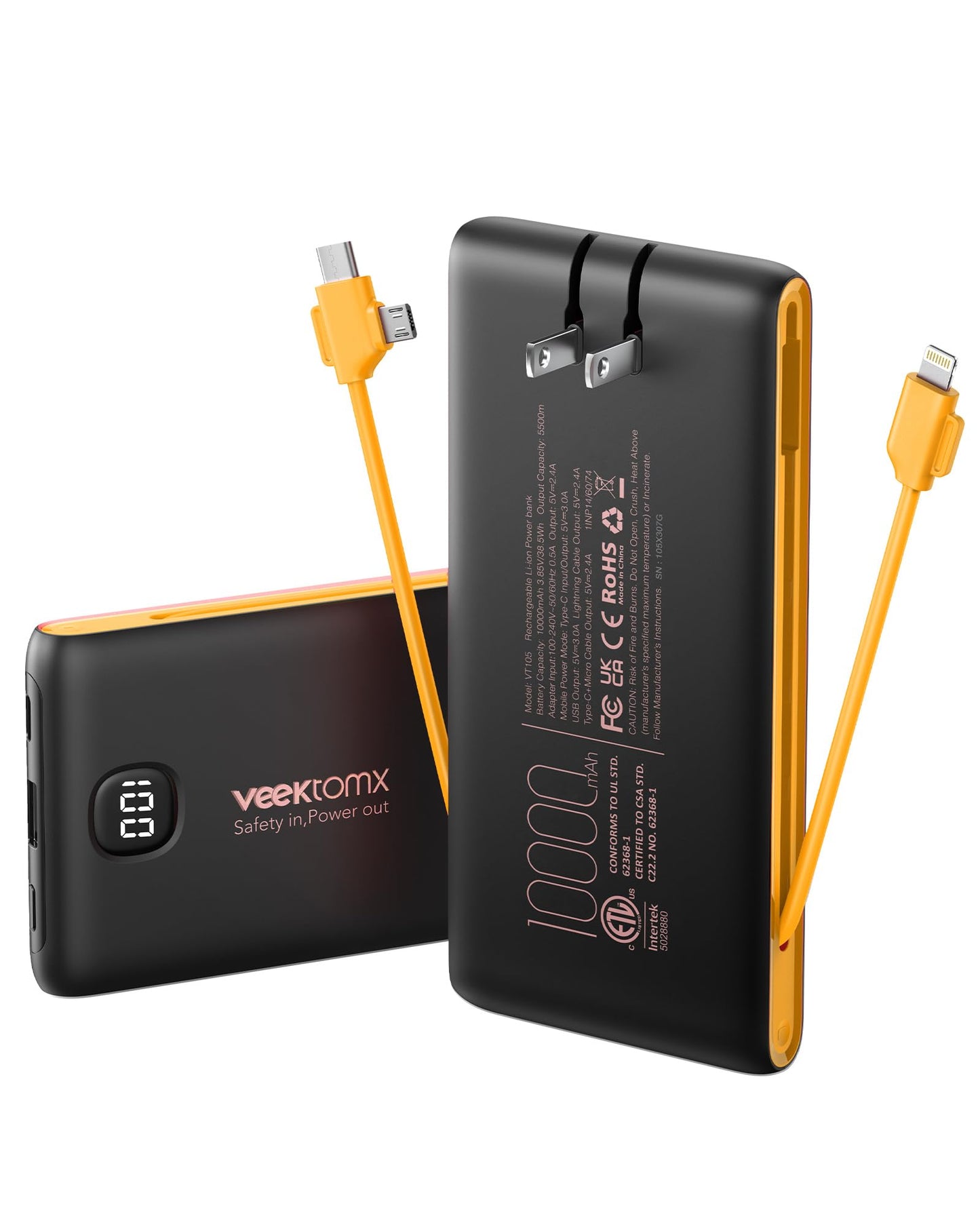 Portable Charger Power Bank Built in Cables and Wall Plug, 10000mAh Phone Battery Pack Fast Charging, USB C External Slim PowerB