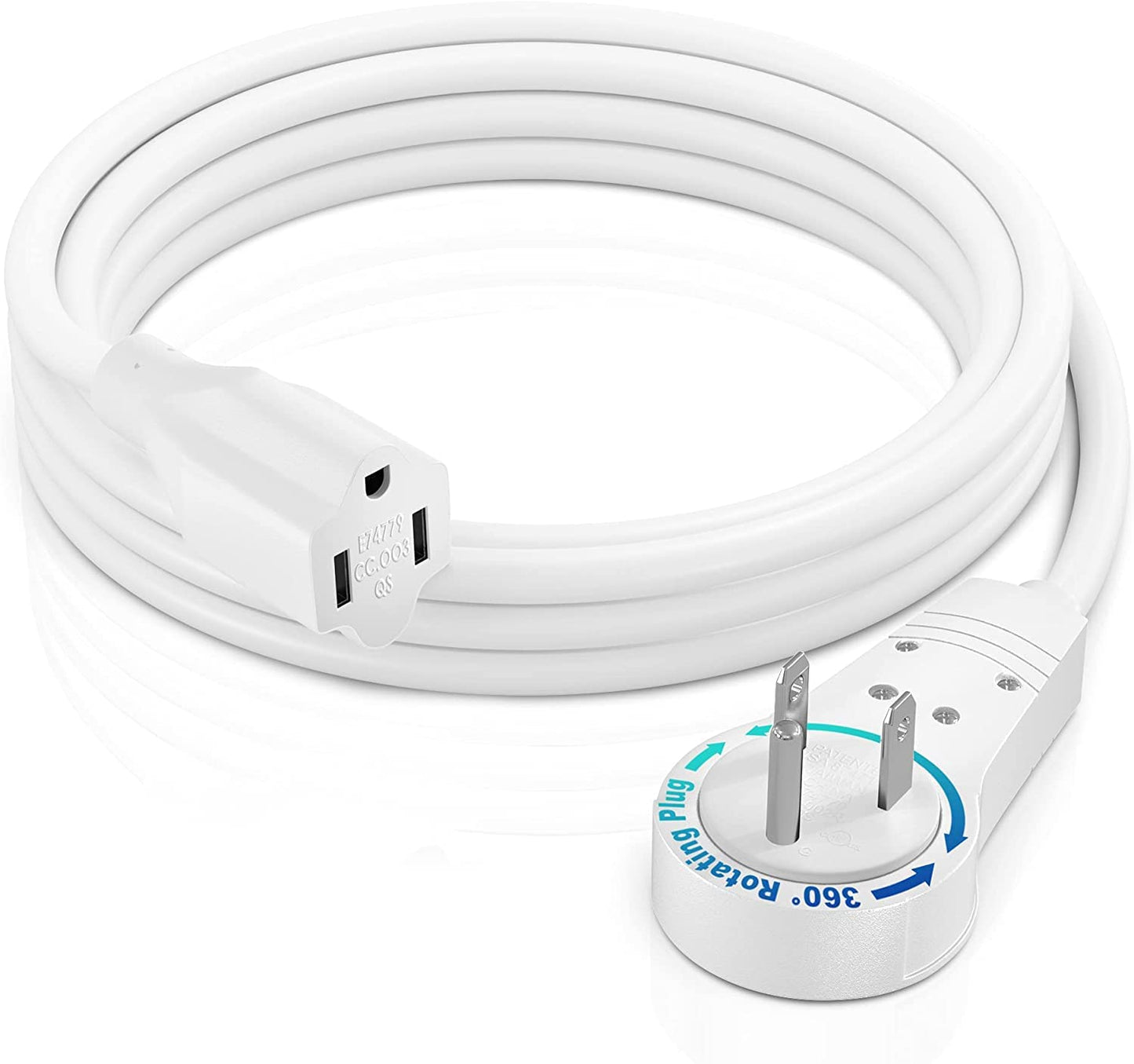 Maximm Extension Cord 6 Foot White Flat Plug, 360 Rotating Short Power Cord Single Outlet, Indoor 16 Gauge 3 Prong Grounded Wire