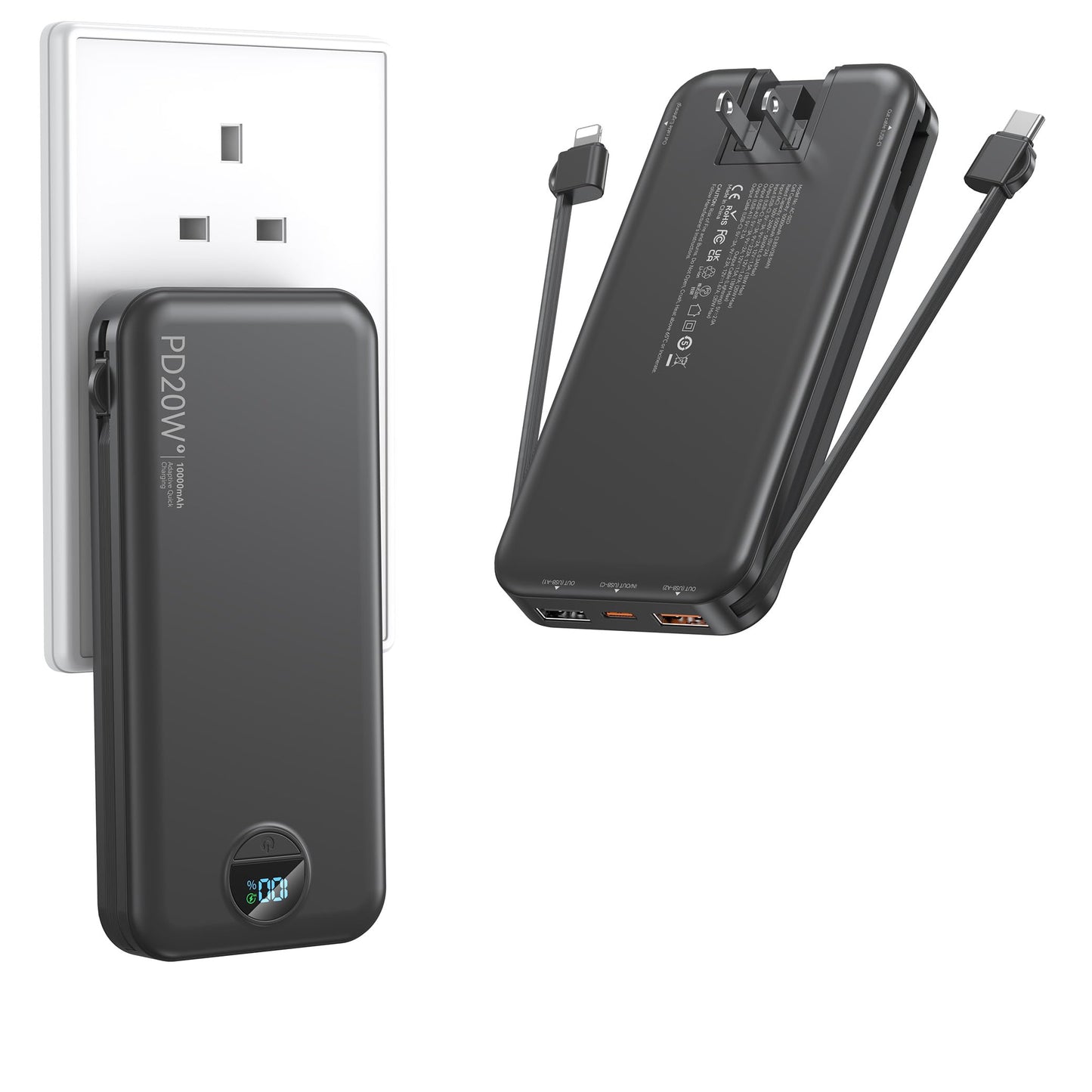 Portable Charger with Wall Plug, 10000mAh USB C Power Bank Fast Charging, External Battery Pack with Built in Cables, Digital Di