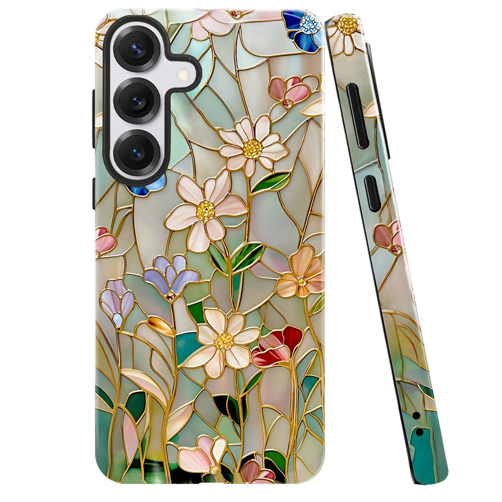 TnXee Case for Samsung Galaxy S25 Plus,Stained Glass Bloom Flower Phone Case Drop Resistant Glossy 2 in 1 Solid Dual-Layer Cover