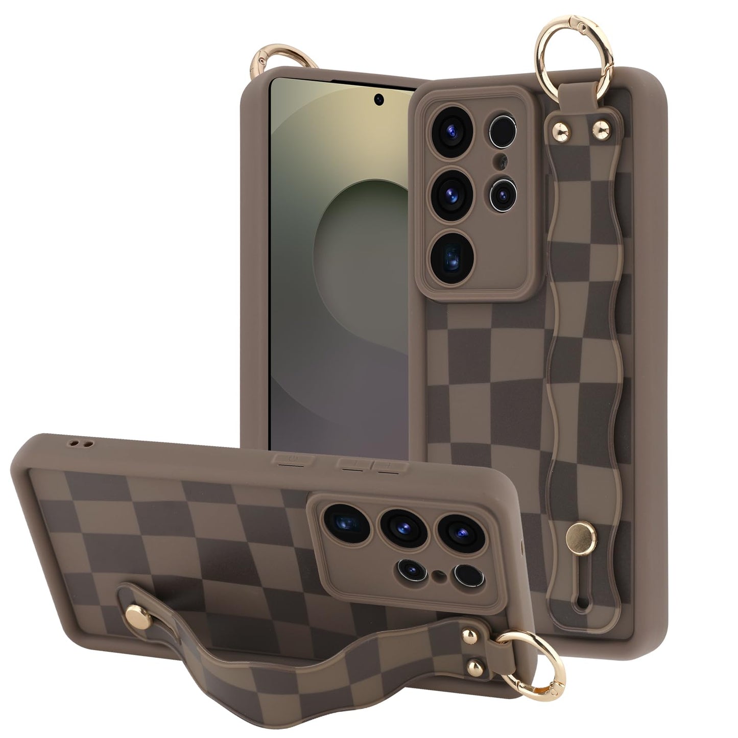 OOK Compatible with Samsung Galaxy S25 Ultra Checkered Case with Wrist Strap, Cute Brown Checkered Checkerboard TPU Shockproof P
