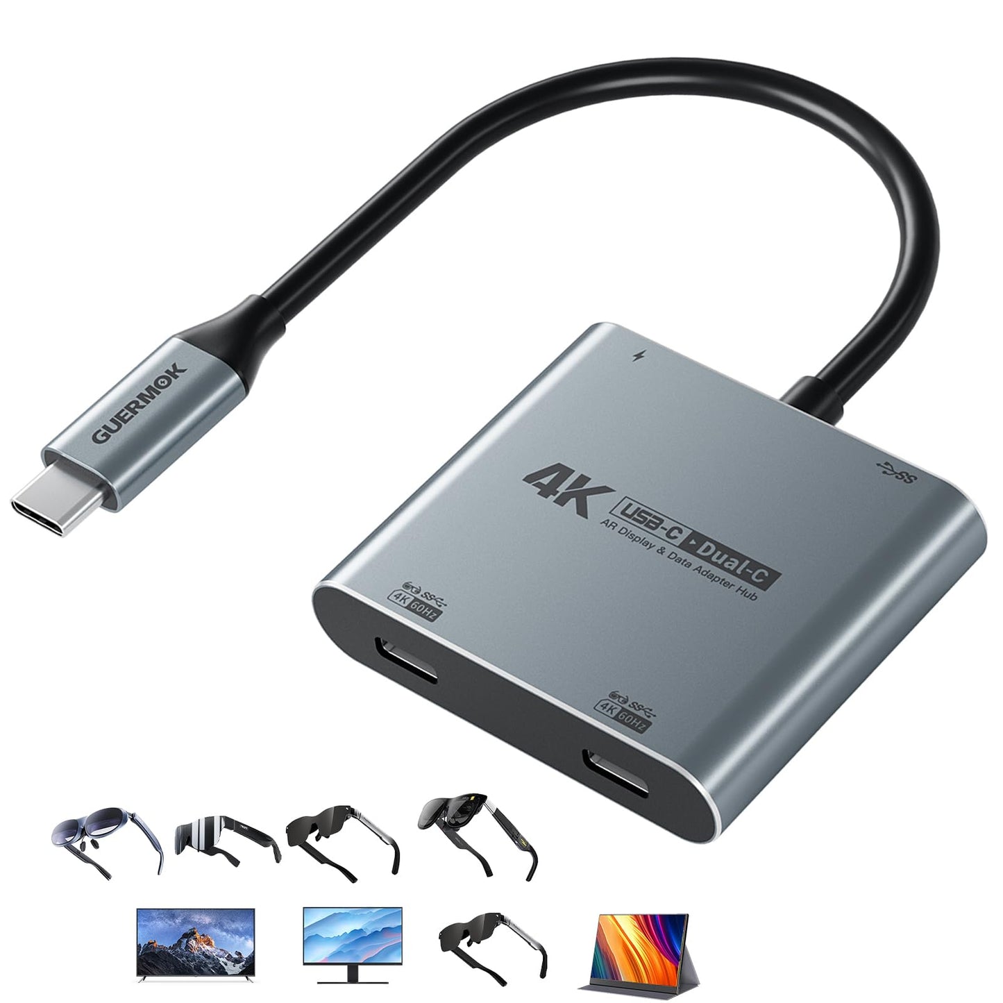 Guermok 4-in-1 Dual USB-C Display Hub, 4K@60Hz Video, PD 100W Fast Charging & USB 3.0 5Gbps, Compatible with AR Glasses, Switch