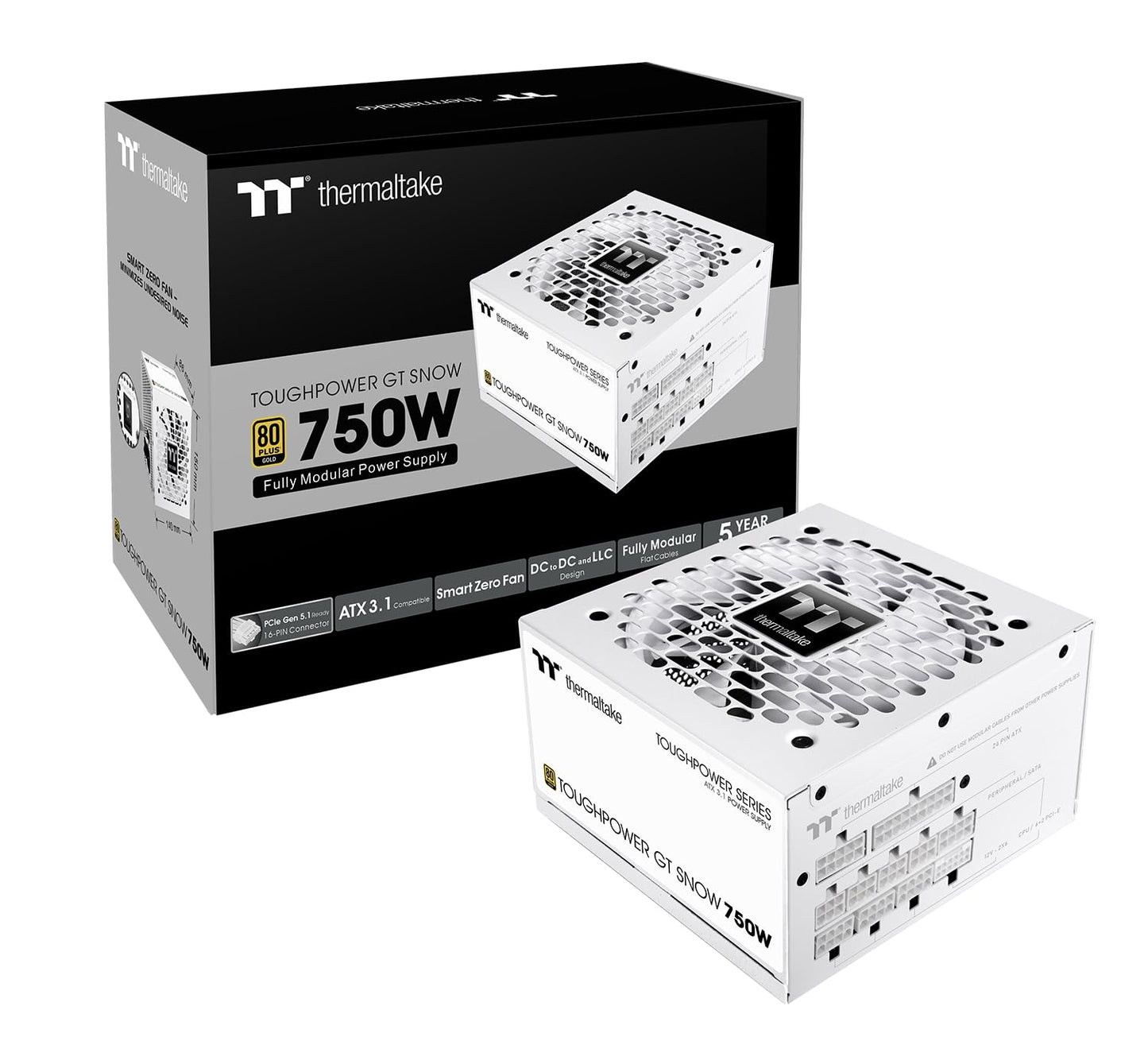 Thermaltake Toughpower GT 750W Snow ATX 3.1 Power Supply; 80 Plus Gold Efficiency; Smart Zero Fan; Native 600W PCIe 5.1 Connecto