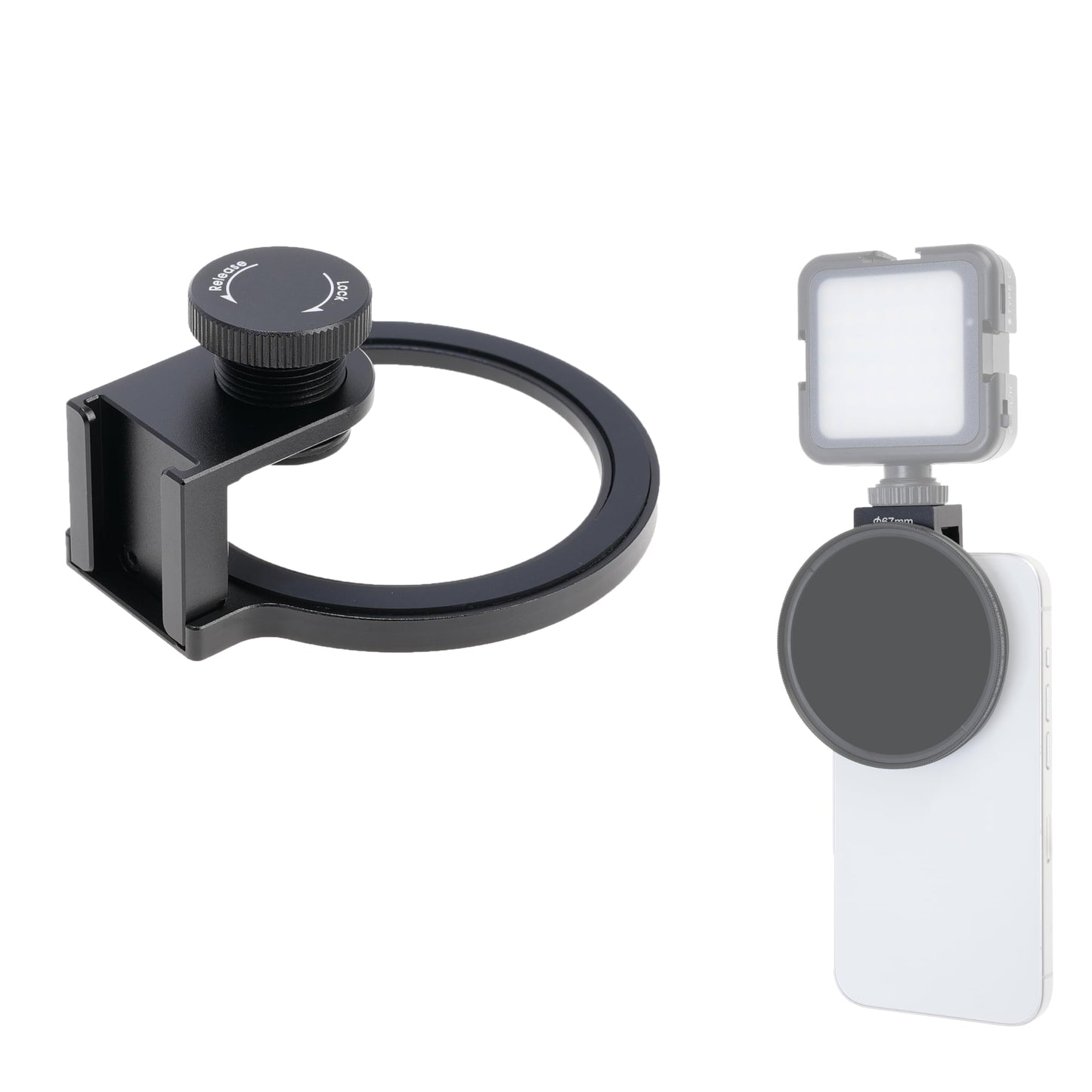 FOTGA Clip-on 67mm Thread Lens Filter Adapter for iPhone 17 14 15 16 Pro Max Smartphone Cell Phone,Cold Shoe Mount for Micrphone