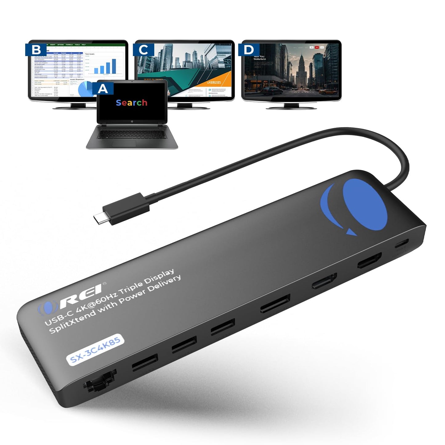 OREI USB-C Triple Monitor Docking Station Splitter - USB-C to 2 HDMI & 1 DisplayPort Adapter, 100W PD, Gigabit Ethernet, 4 USB2.